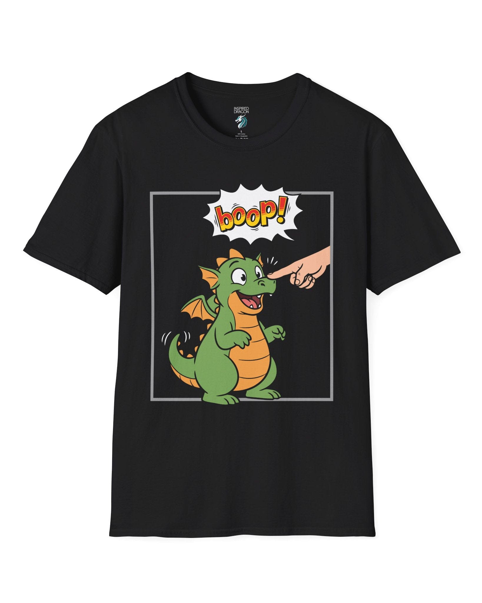 Boop! Comic shirt in black featuring a cute baby dragon getting booped with a playful comic-style speech bubble