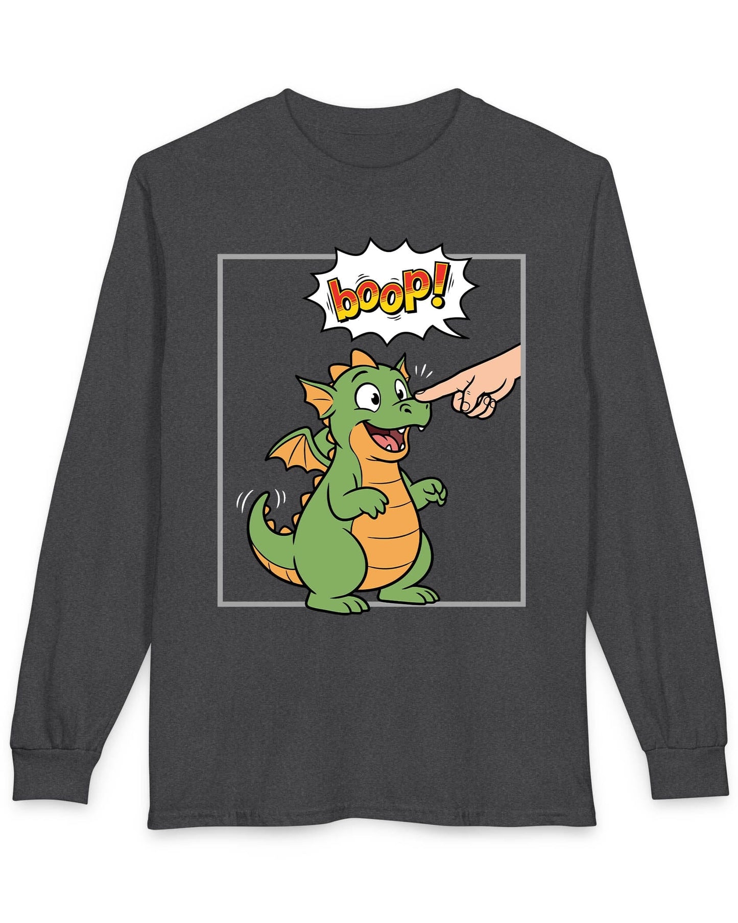 Boop! Comic shirt in dark heather featuring a cute baby dragon getting booped with a playful comic-style speech bubble