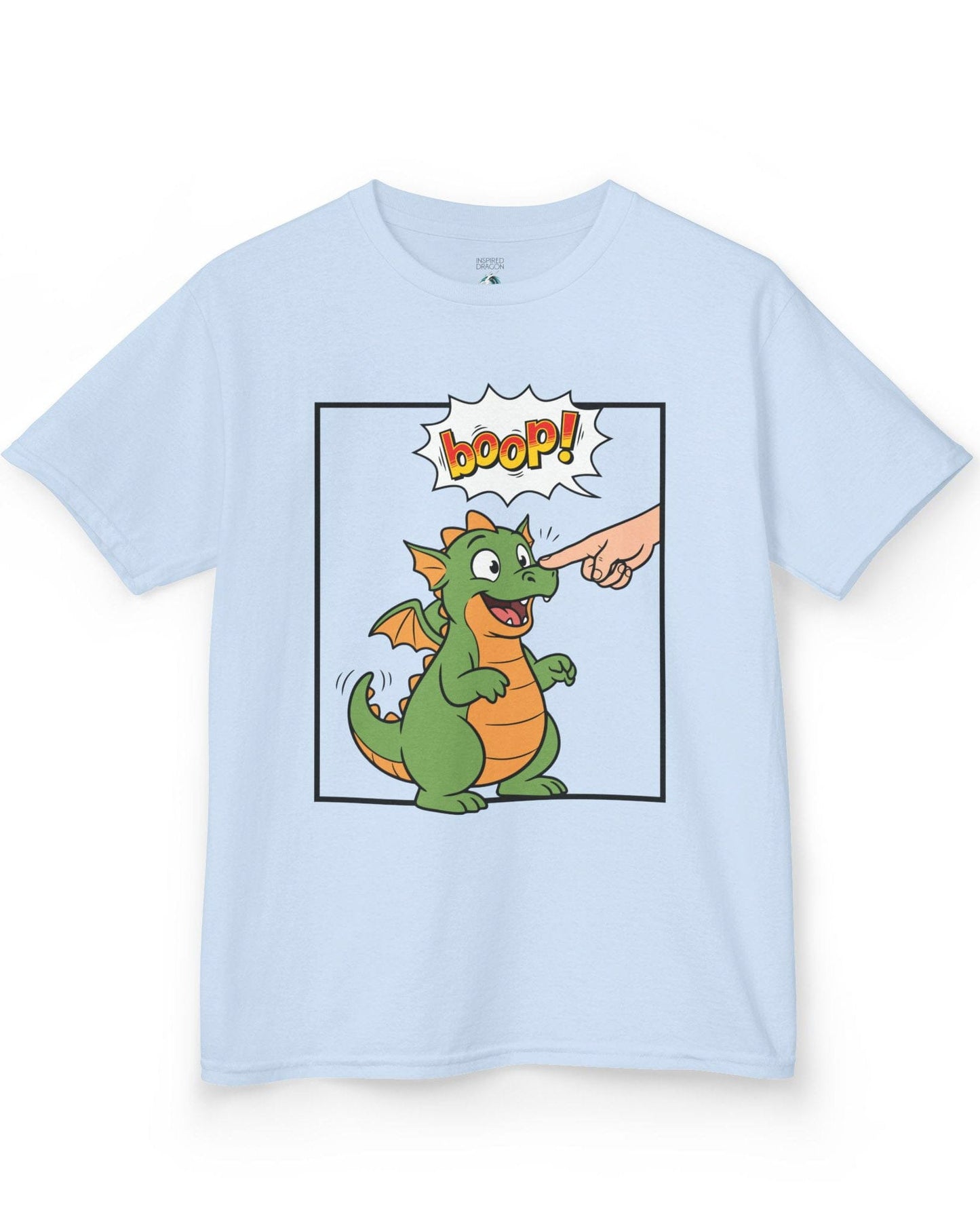 Boop! Comic shirt in light blue featuring a cute baby dragon getting booped with a playful comic-style speech bubble