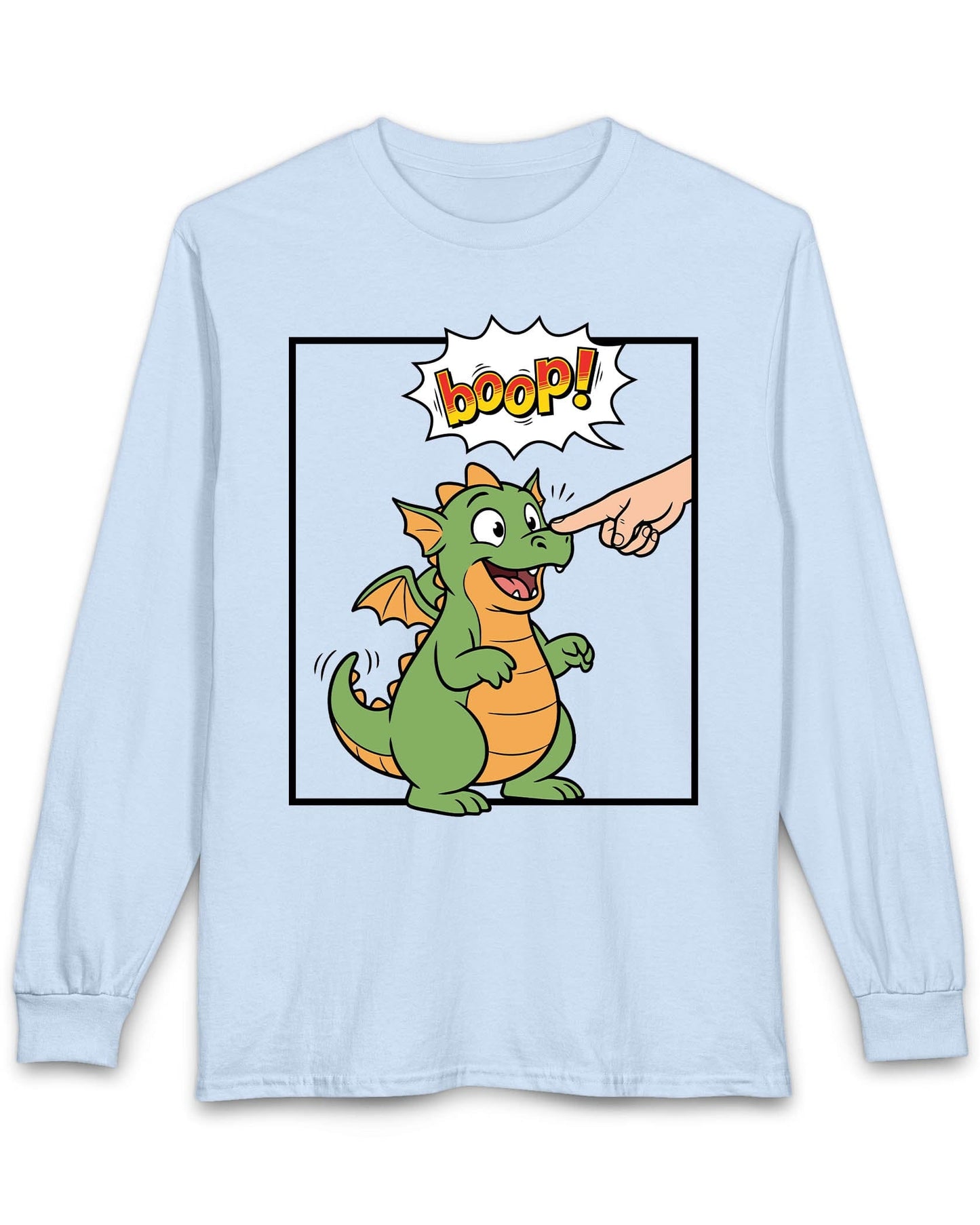 Boop! Comic shirt in light blue featuring a cute baby dragon getting booped with a playful comic-style speech bubble