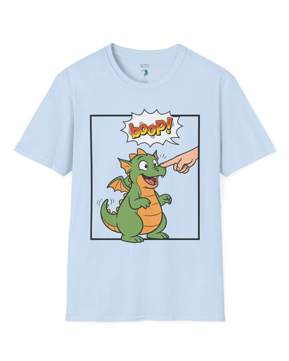 Boop! Comic shirt in light blue featuring a cute baby dragon getting booped with a playful comic-style speech bubble