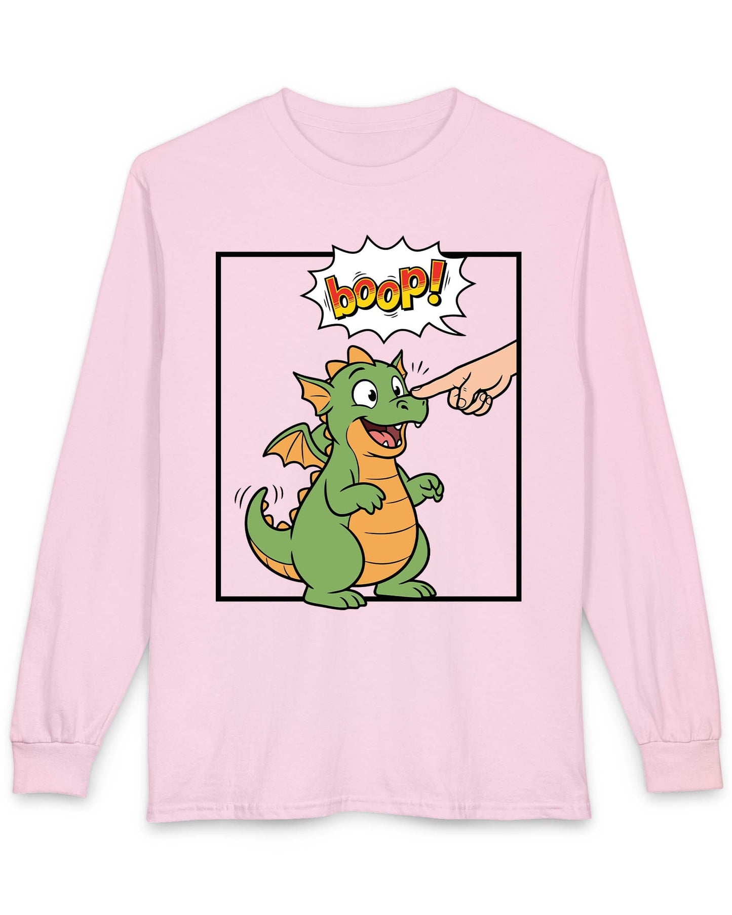 Boop! Comic shirt in light pink featuring a cute baby dragon getting booped with a playful comic-style speech bubble