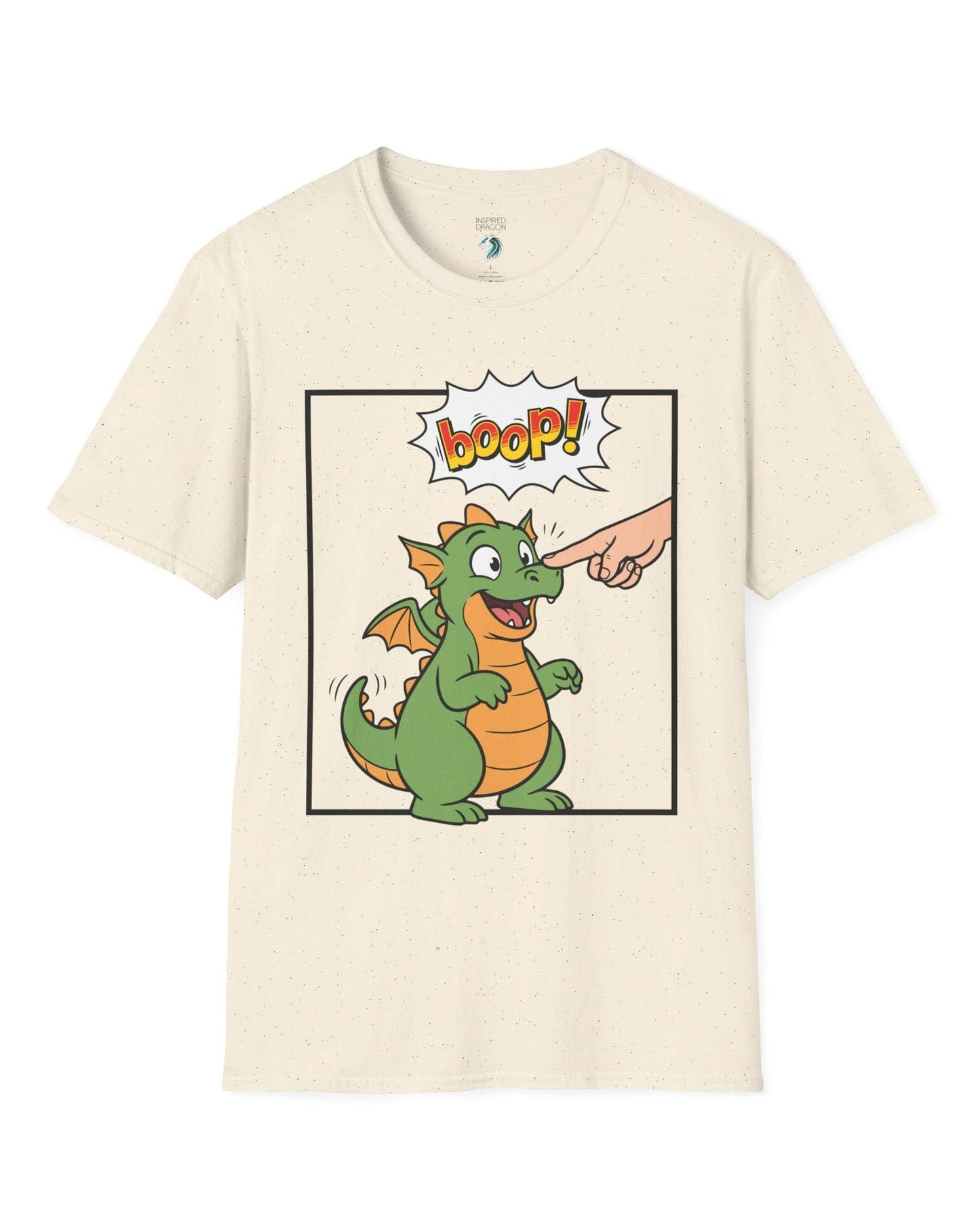 Boop! Comic shirt in natural featuring a cute baby dragon getting booped with a playful comic-style speech bubble