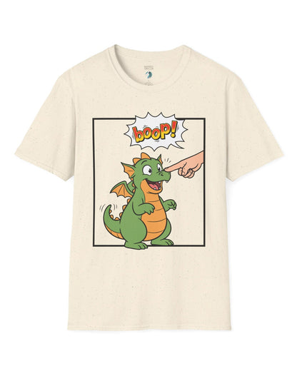 Boop! Comic shirt in natural featuring a cute baby dragon getting booped with a playful comic-style speech bubble