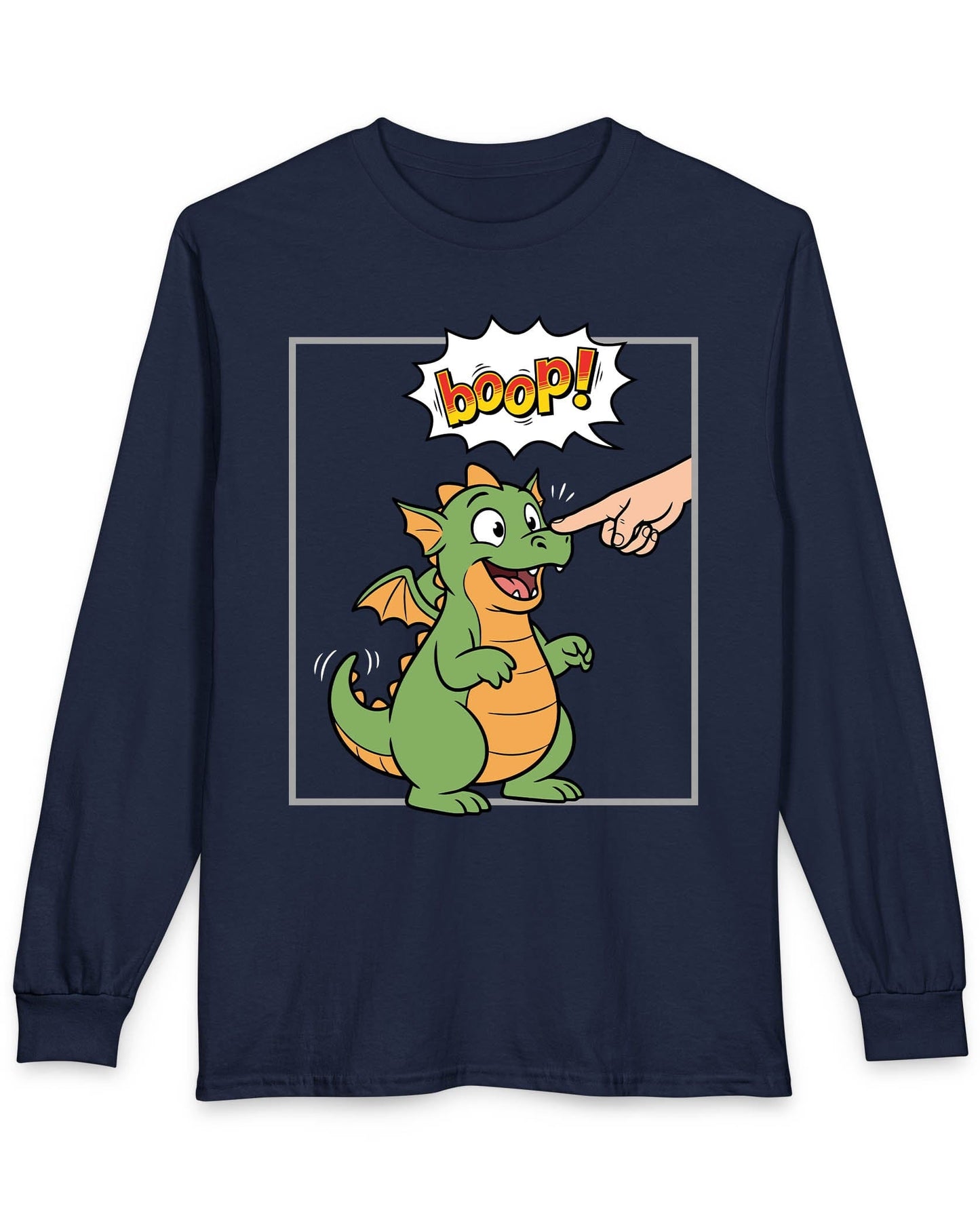 Boop! Comic shirt in navy featuring a cute baby dragon getting booped with a playful comic-style speech bubble