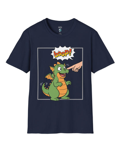 Boop! Comic shirt in navy featuring a cute baby dragon getting booped with a playful comic-style speech bubble