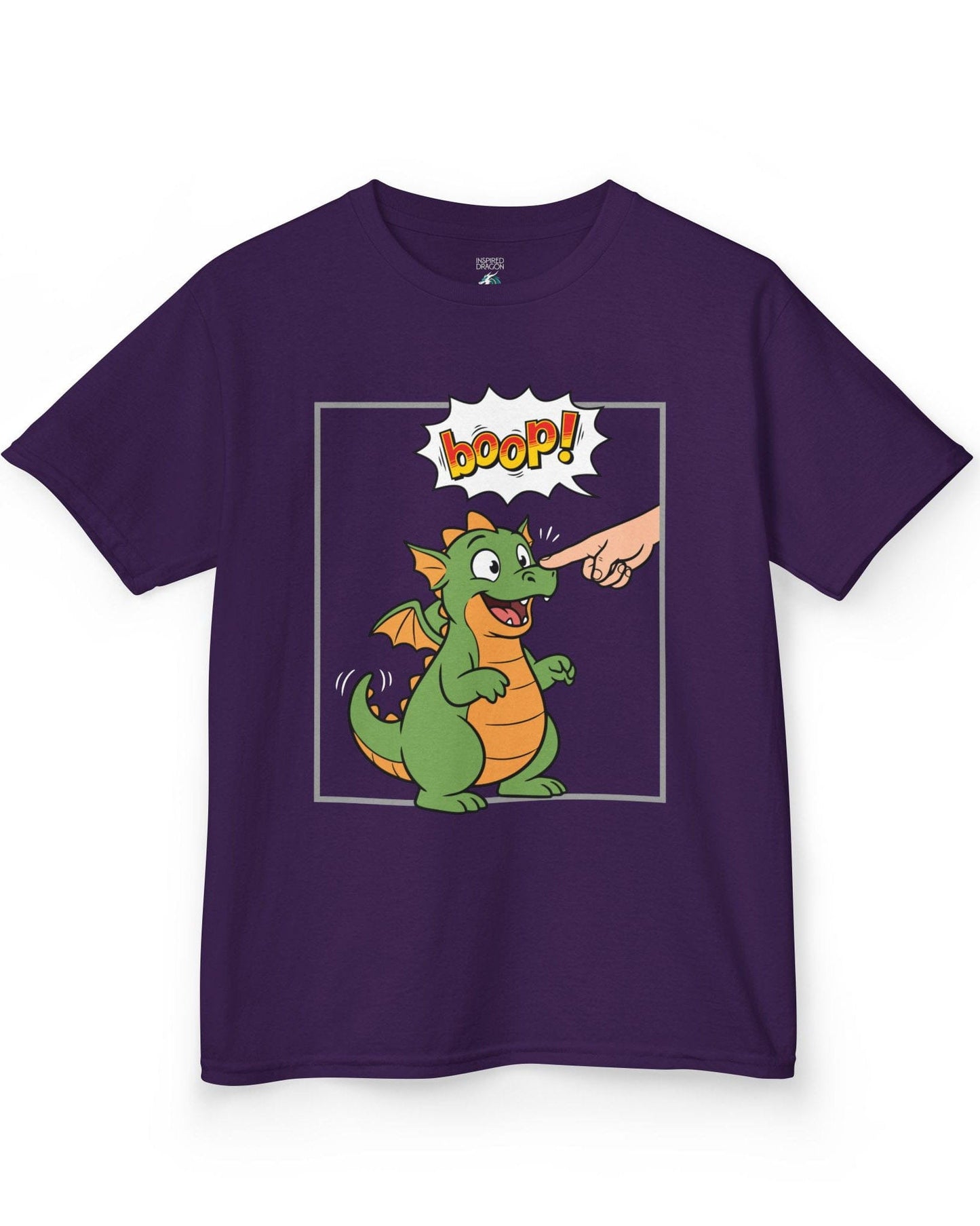 Boop! Comic shirt in purple featuring a cute baby dragon getting booped with a playful comic-style speech bubble