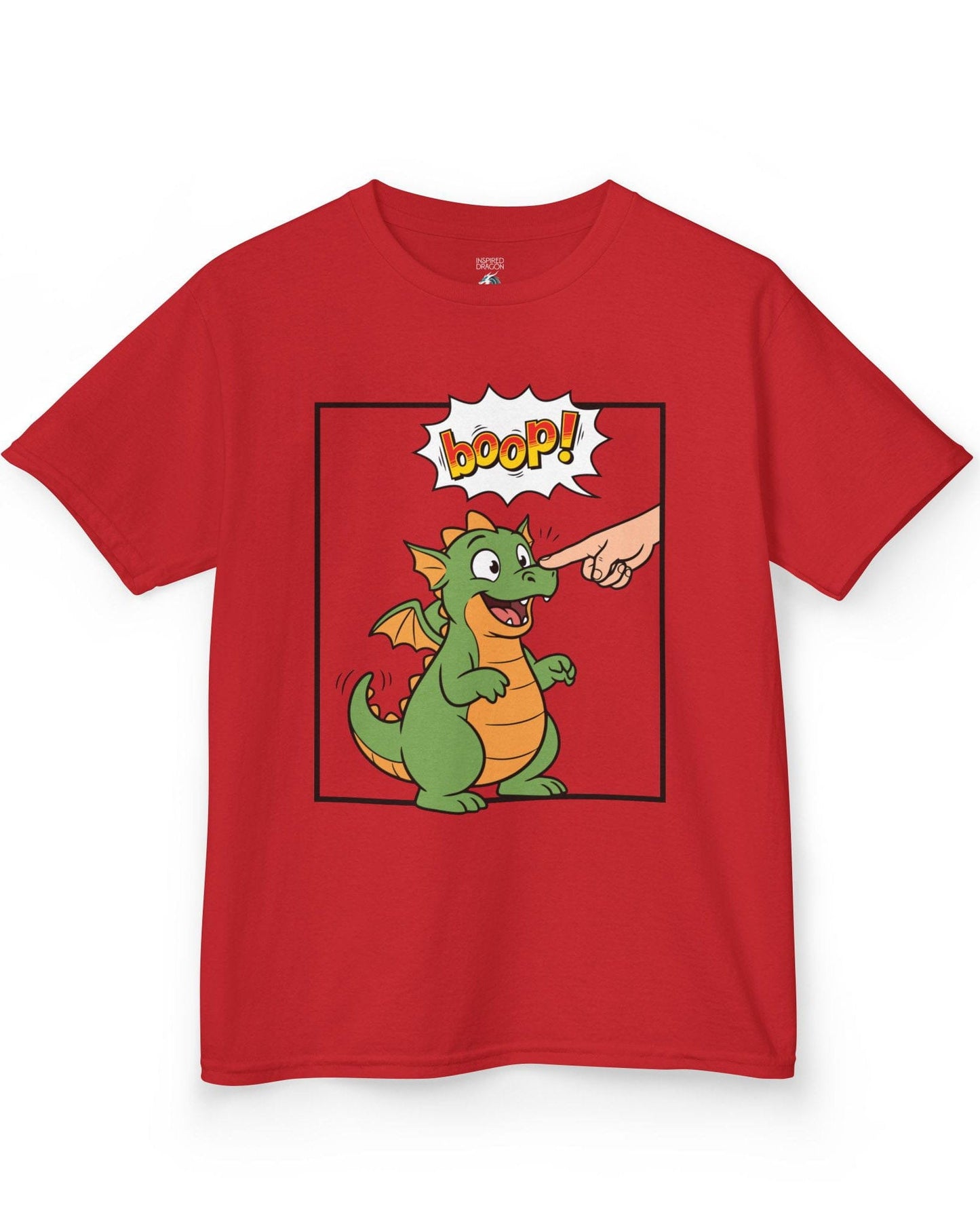 Boop! Comic shirt in red featuring a cute baby dragon getting booped with a playful comic-style speech bubble