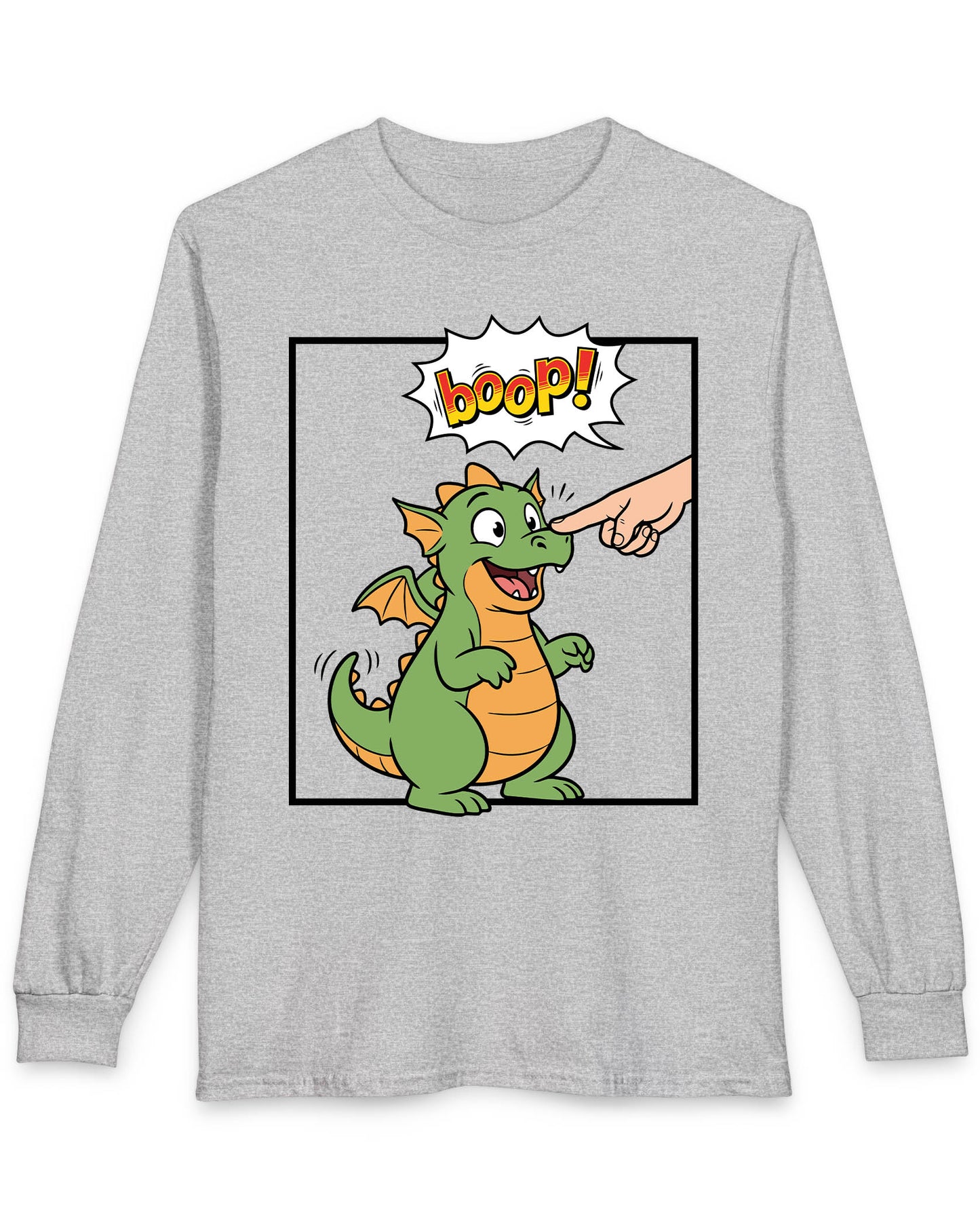 Boop! Comic shirt in sport grey featuring a cute baby dragon getting booped with a playful comic-style speech bubble