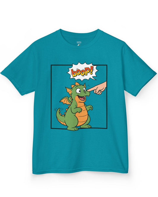 Boop! Comic shirt in tropical blue featuring a cute baby dragon getting booped with a playful comic-style speech bubble