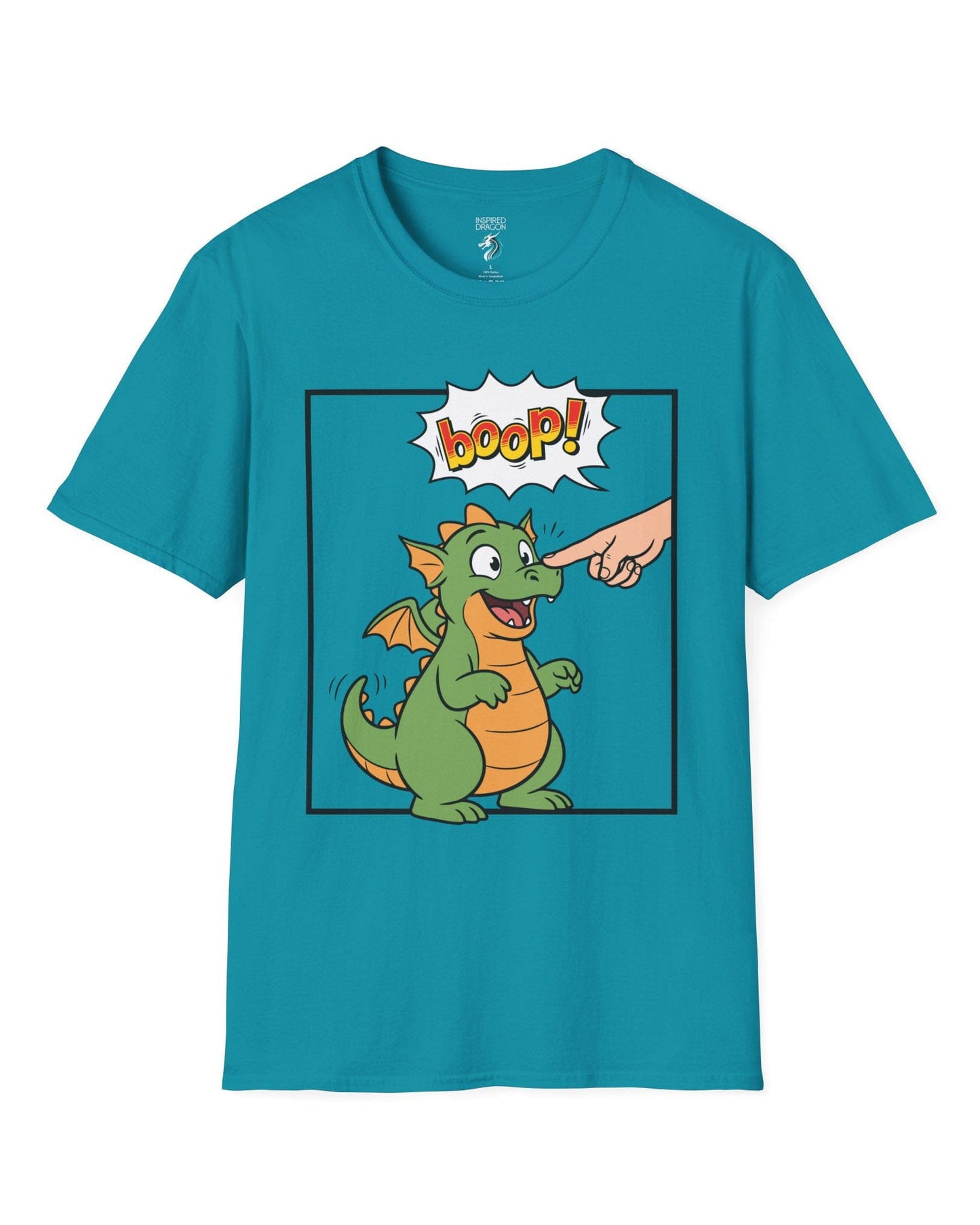 Boop! Comic shirt in tropical blue featuring a cute baby dragon getting booped with a playful comic-style speech bubble