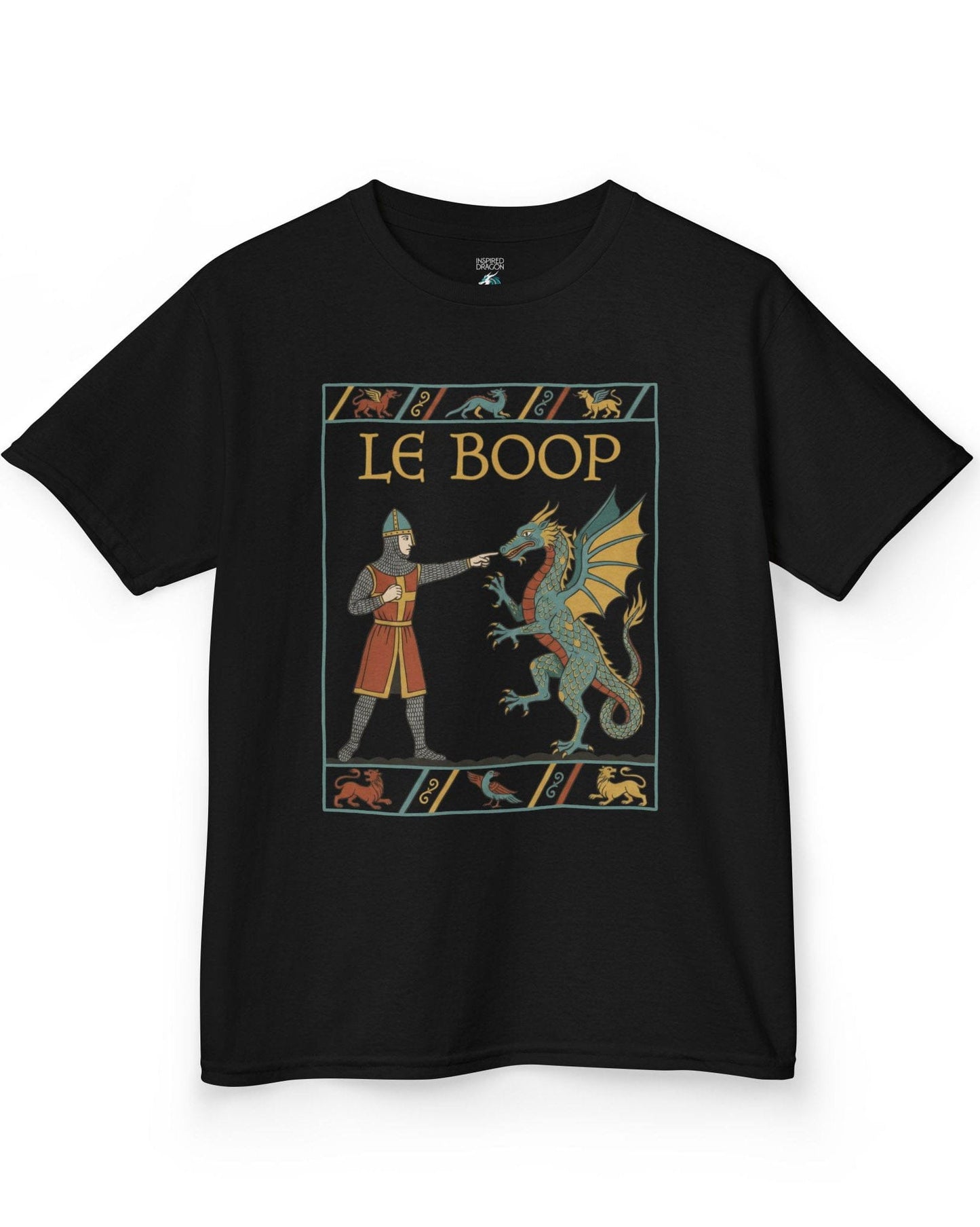 Le Boop shirt in black featuring a medieval knight playfully booping a dragon in vintage tapestry style