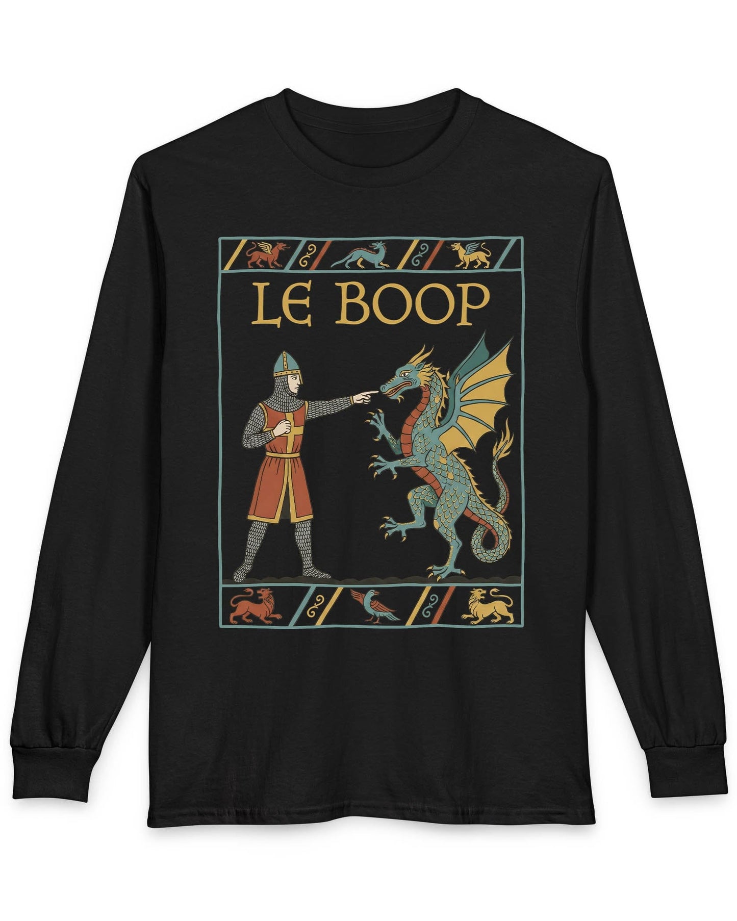 Le Boop shirt in black featuring a medieval knight playfully booping a dragon in vintage tapestry style