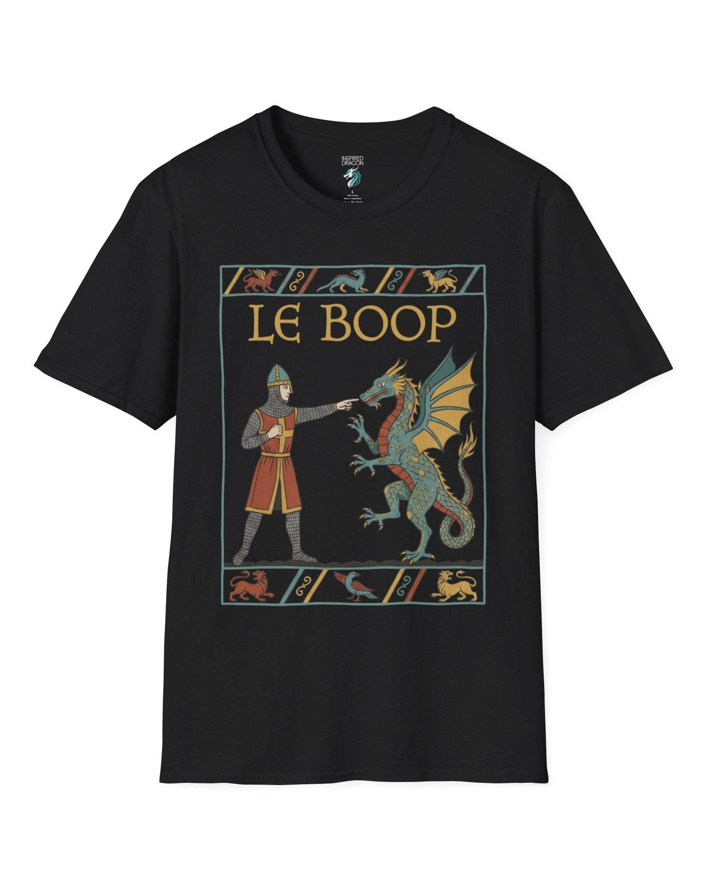 Le Boop shirt in black featuring a medieval knight playfully booping a dragon in vintage tapestry style