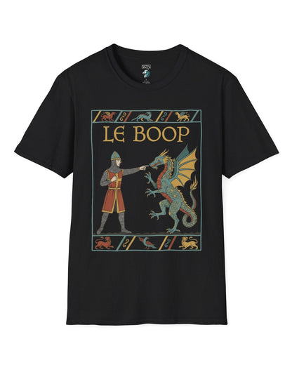 Le Boop shirt in black featuring a medieval knight playfully booping a dragon in vintage tapestry style