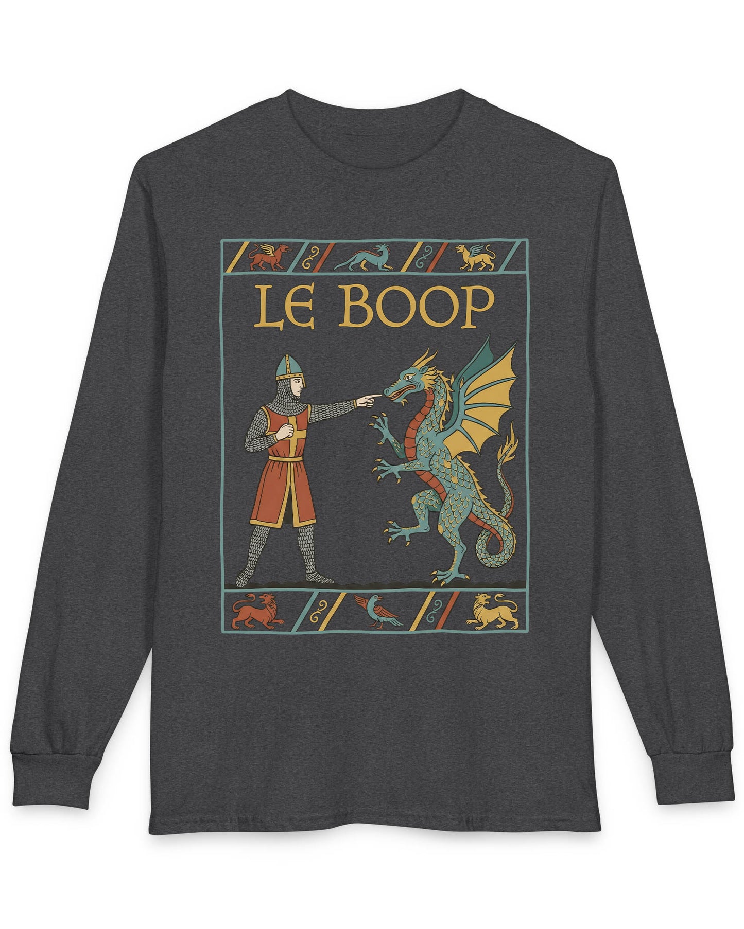 Le Boop shirt in dark heather featuring a medieval knight playfully booping a dragon in vintage tapestry style