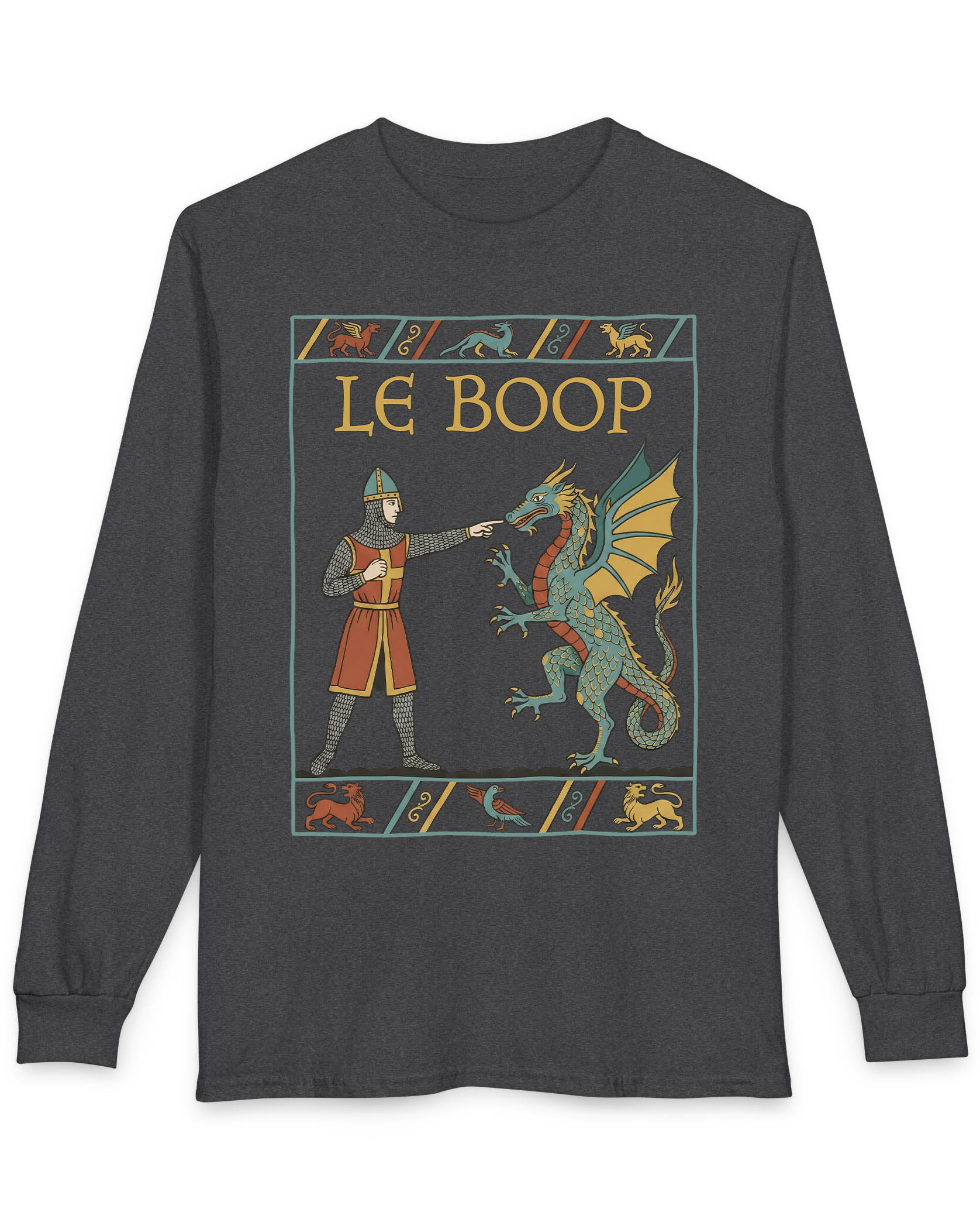 Le Boop shirt in dark heather featuring a medieval knight playfully booping a dragon in vintage tapestry style