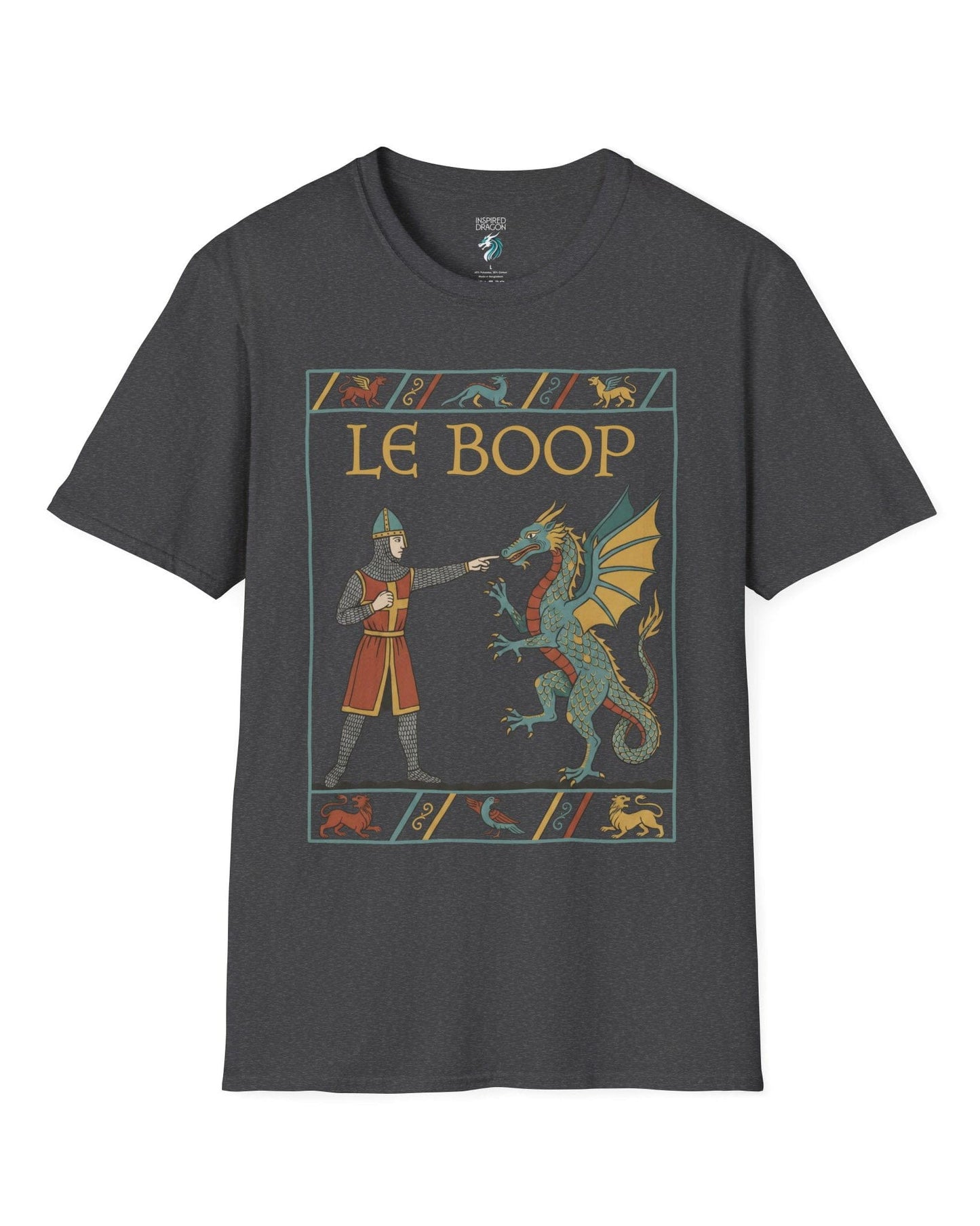Le Boop shirt in dark heather featuring a medieval knight playfully booping a dragon in vintage tapestry style