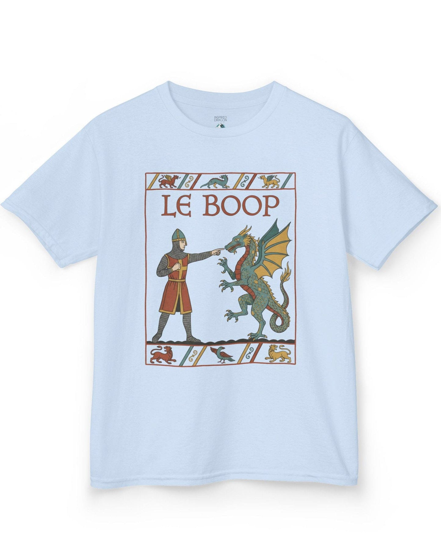 Le Boop shirt in light blue featuring a medieval knight playfully booping a dragon in vintage tapestry style