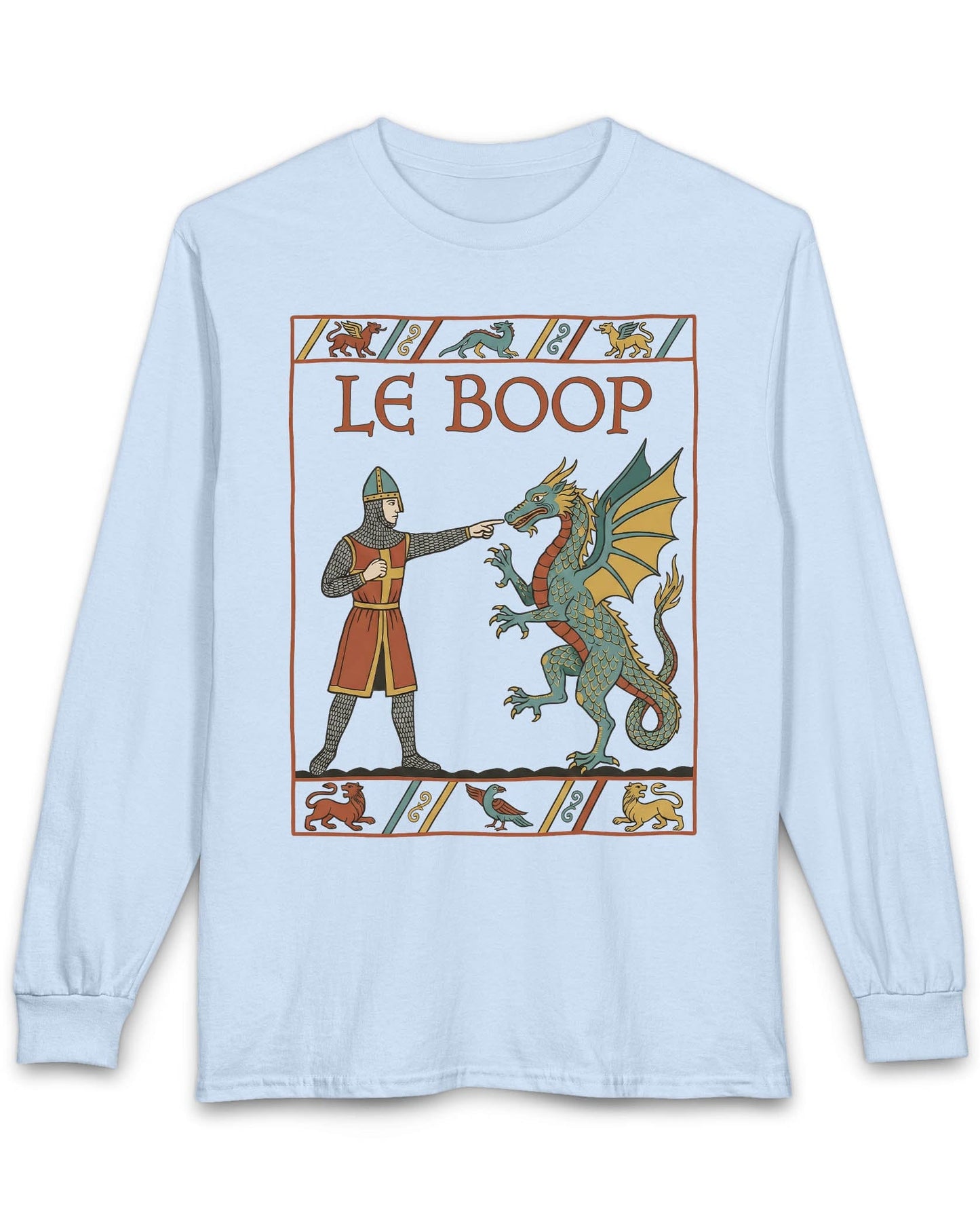 Le Boop shirt in light blue featuring a medieval knight playfully booping a dragon in vintage tapestry style
