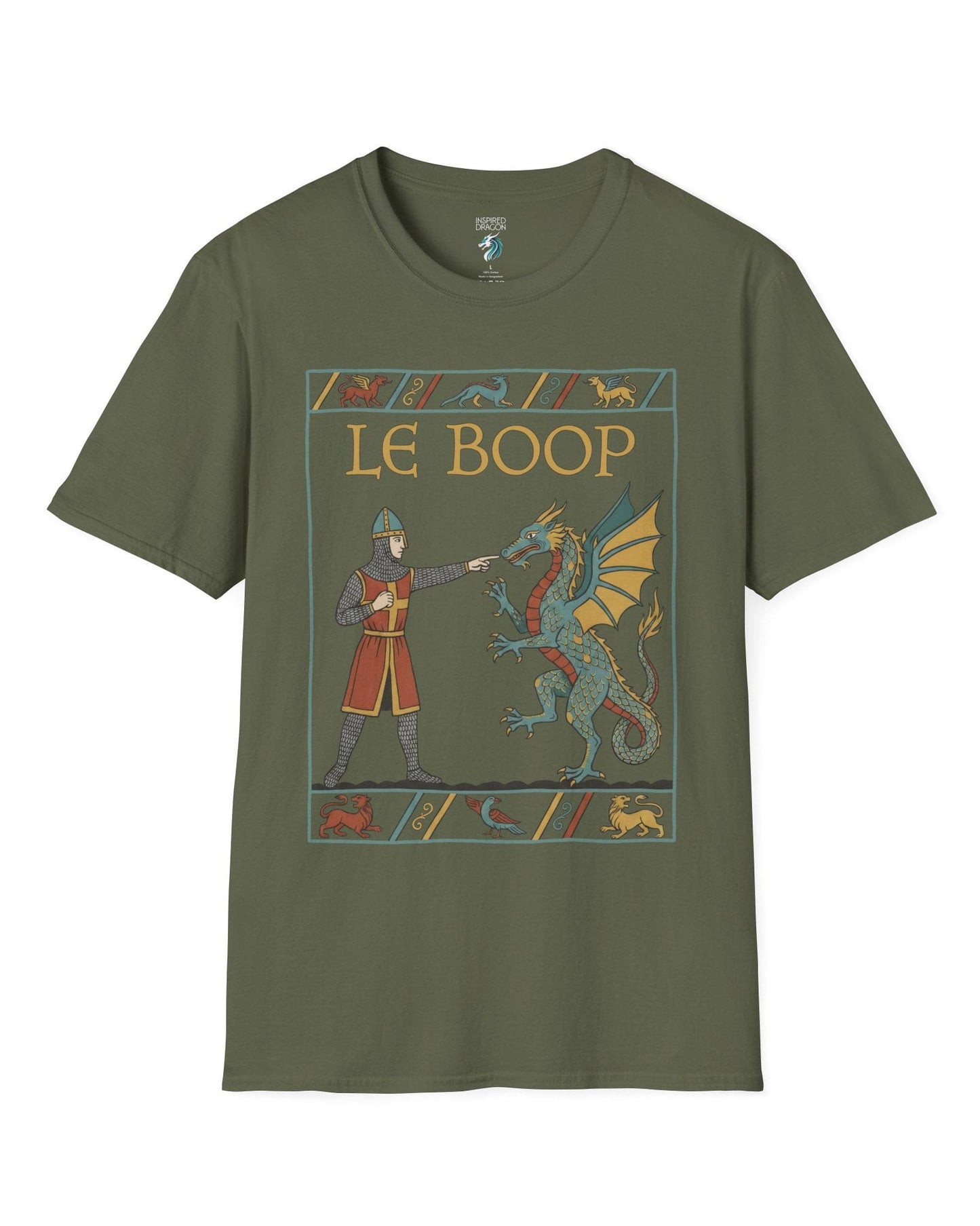 Le Boop shirt in military green featuring a medieval knight playfully booping a dragon in vintage tapestry style