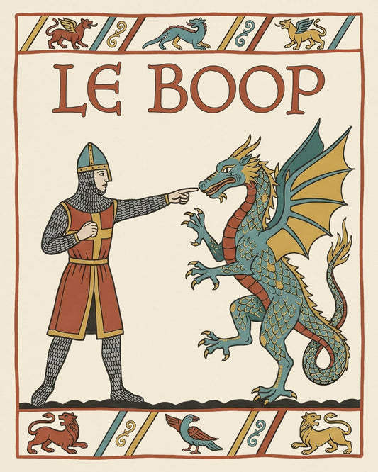 Le Boop shirt in natural featuring a medieval knight playfully booping a dragon in vintage tapestry style