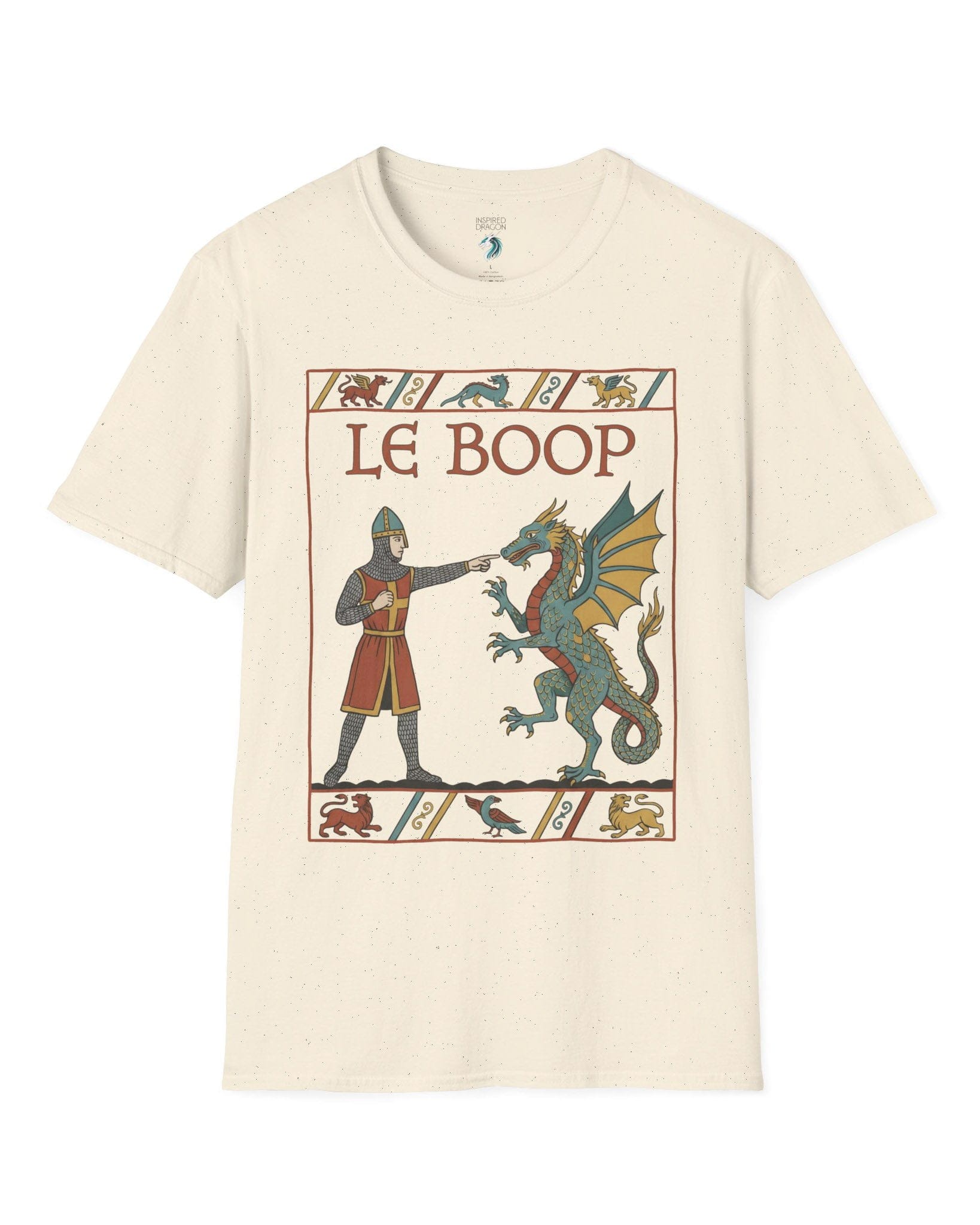 Le Boop shirt in natural featuring a medieval knight playfully booping a dragon in vintage tapestry style