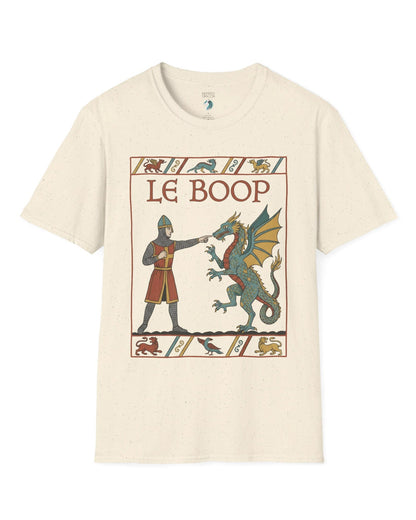 Le Boop shirt in natural featuring a medieval knight playfully booping a dragon in vintage tapestry style