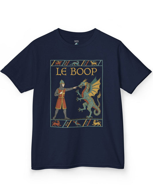 Le Boop shirt in navy featuring a medieval knight playfully booping a dragon in vintage tapestry style