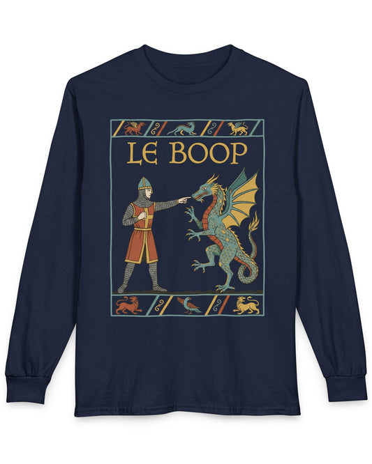 Le Boop shirt in navy featuring a medieval knight playfully booping a dragon in vintage tapestry style
