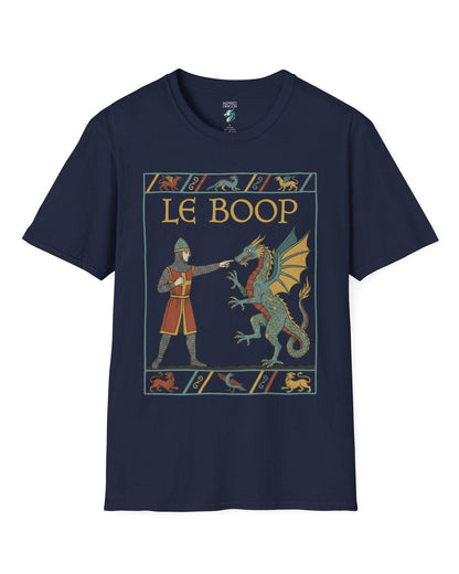 Le Boop shirt in navy featuring a medieval knight playfully booping a dragon in vintage tapestry style