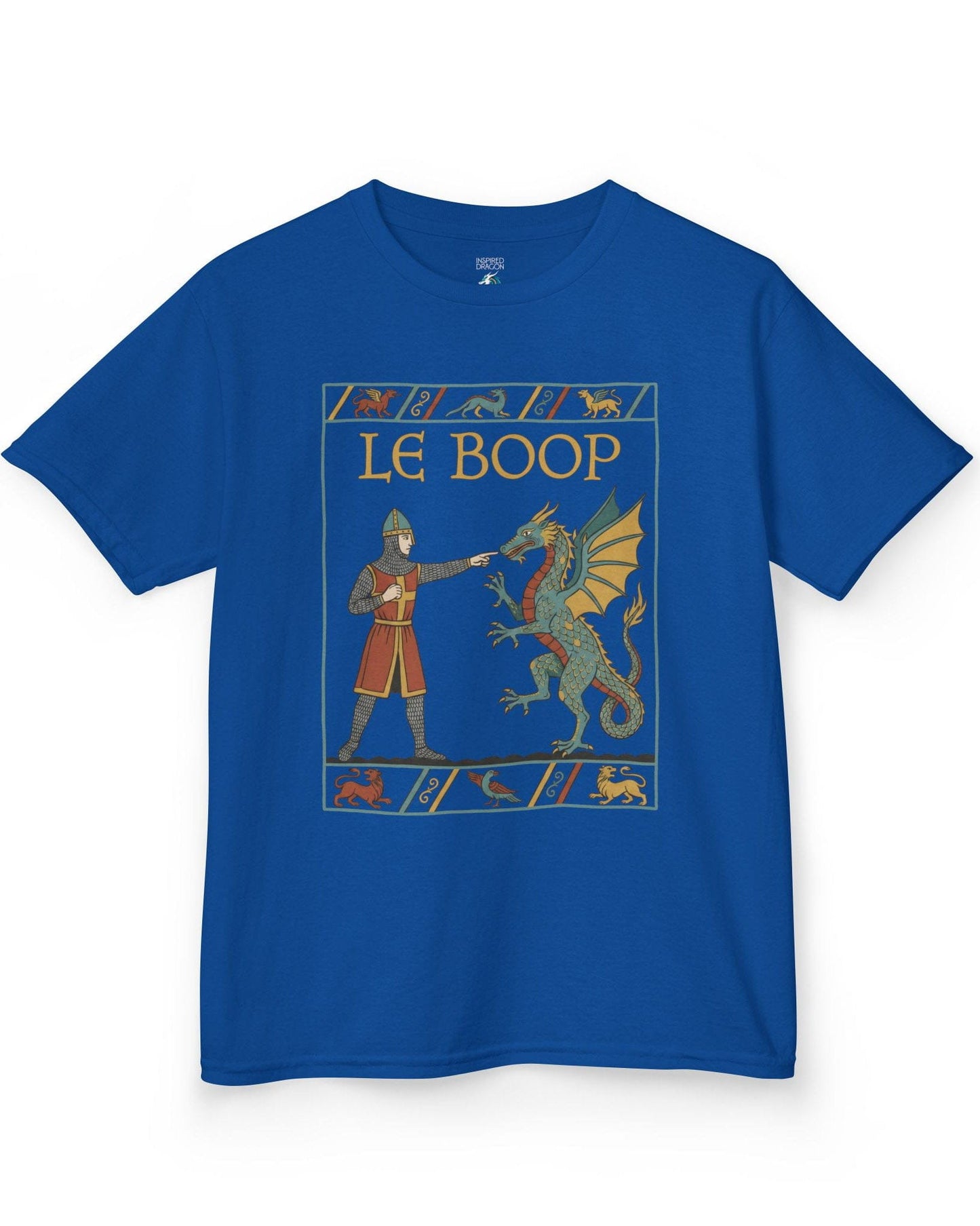 Le Boop shirt in royal blue featuring a medieval knight playfully booping a dragon in vintage tapestry style