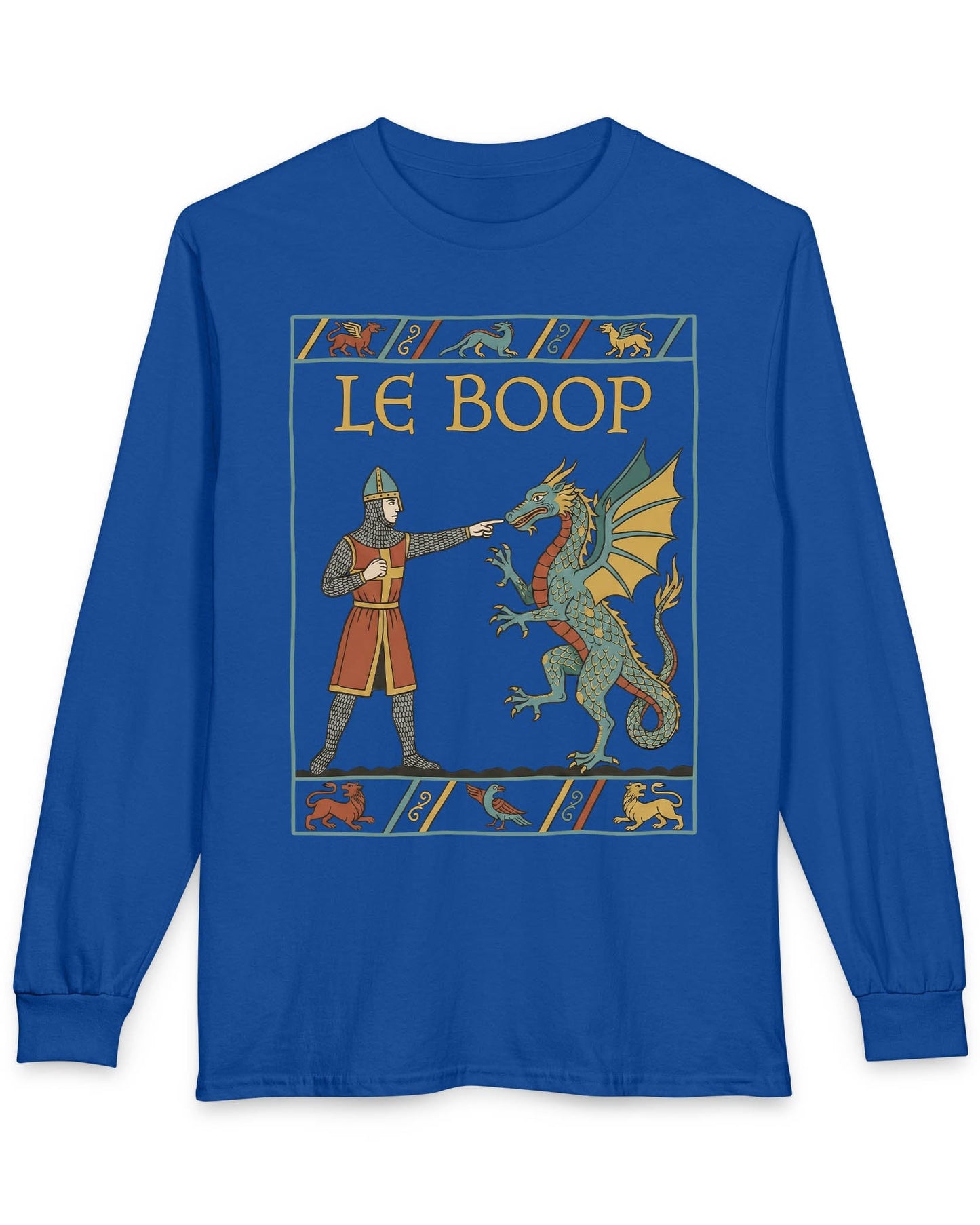 Le Boop shirt in royal blue featuring a medieval knight playfully booping a dragon in vintage tapestry style