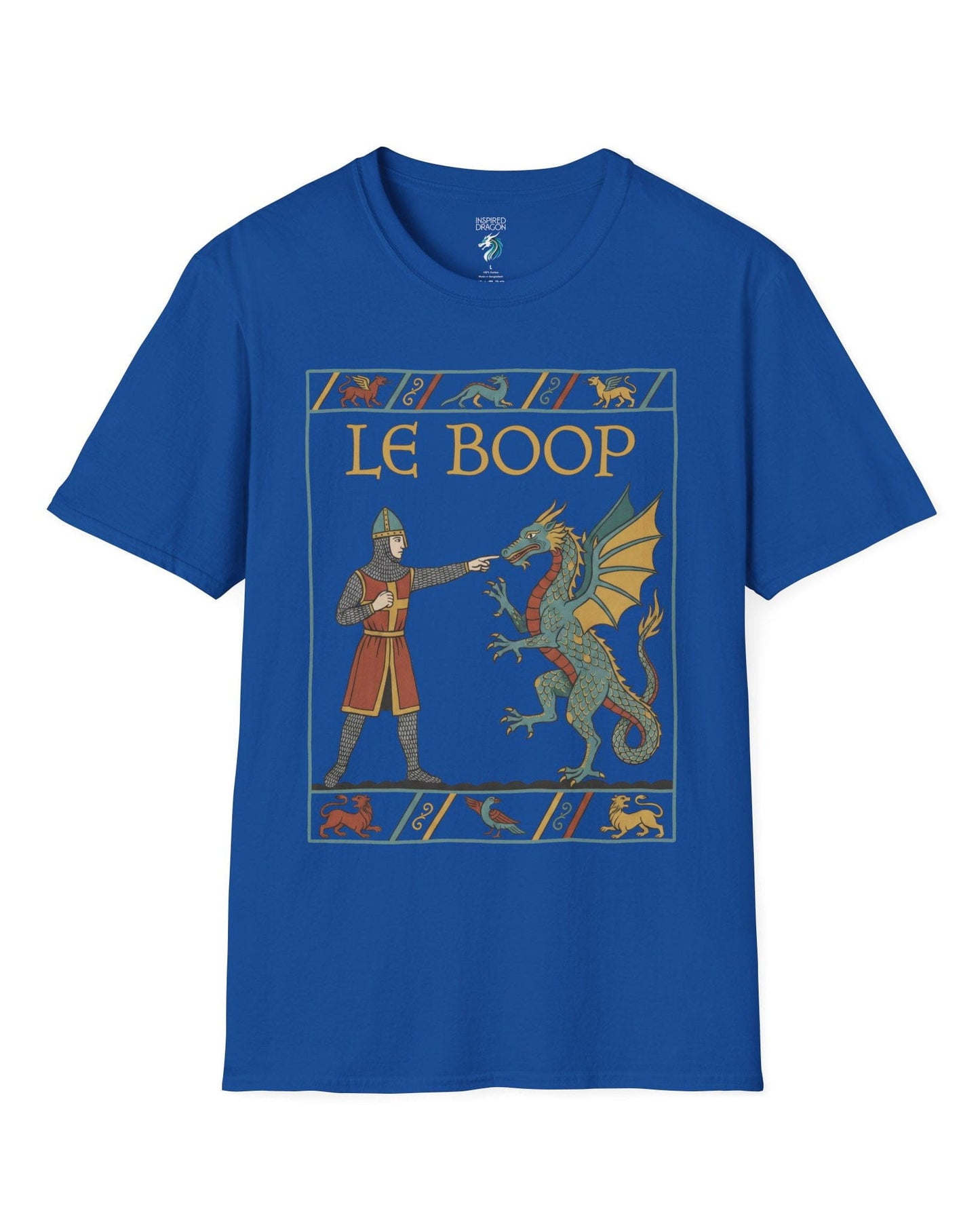 Le Boop shirt in royal blue featuring a medieval knight playfully booping a dragon in vintage tapestry style