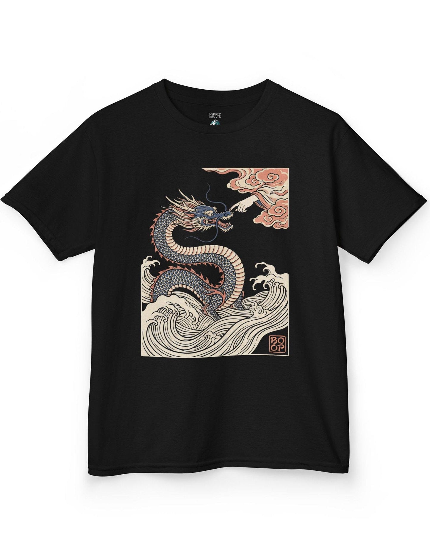 Ukiyo-e Boop shirt in black featuring a dragon rising from waves as a hand reaches from the clouds to boop its nose