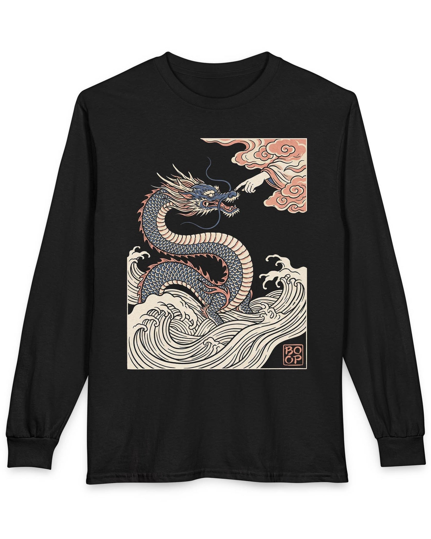 Ukiyo-e Boop shirt in black featuring a dragon rising from waves as a hand reaches from the clouds to boop its nose
