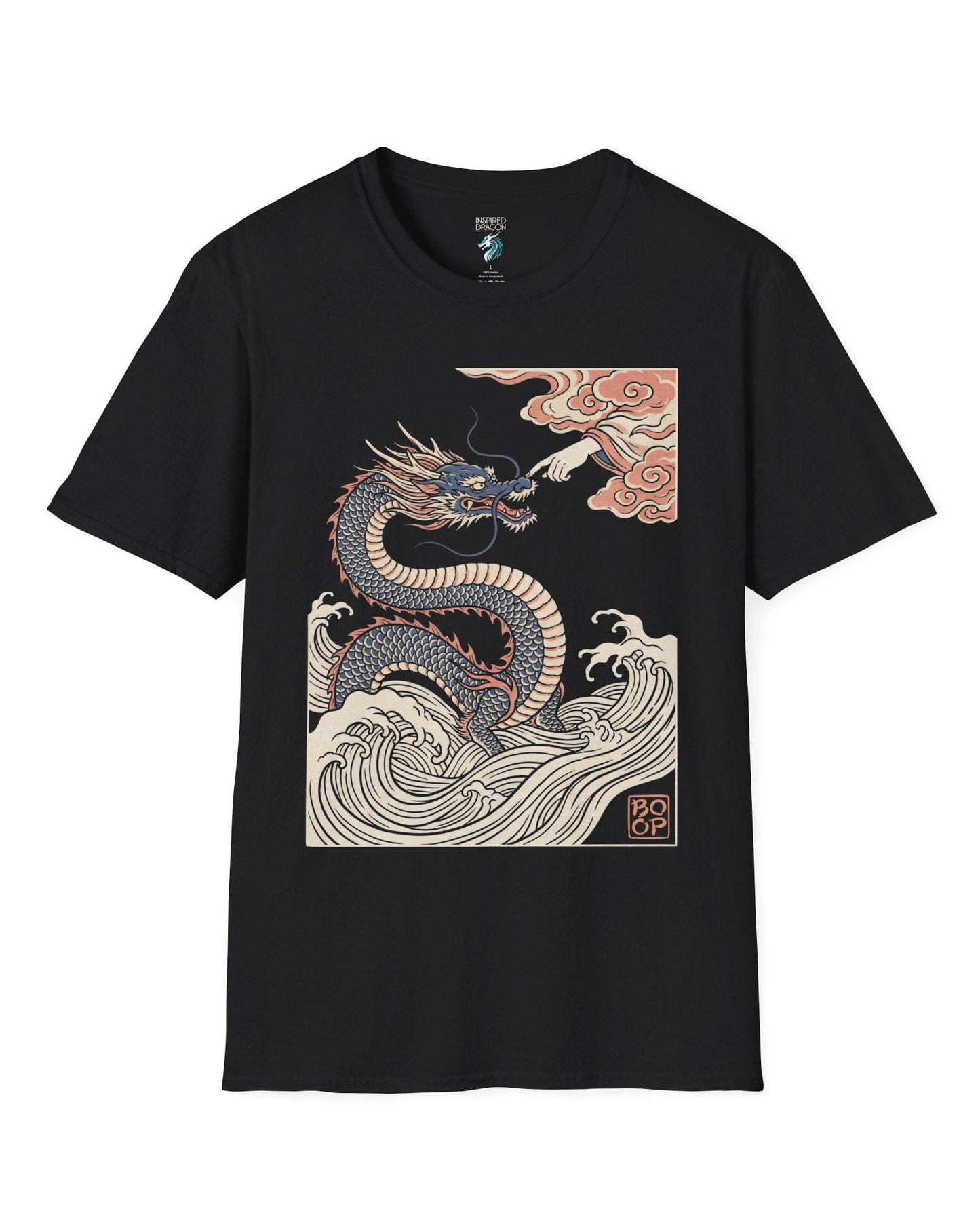 Ukiyo-e Boop shirt in black featuring a dragon rising from waves as a hand reaches from the clouds to boop its nose
