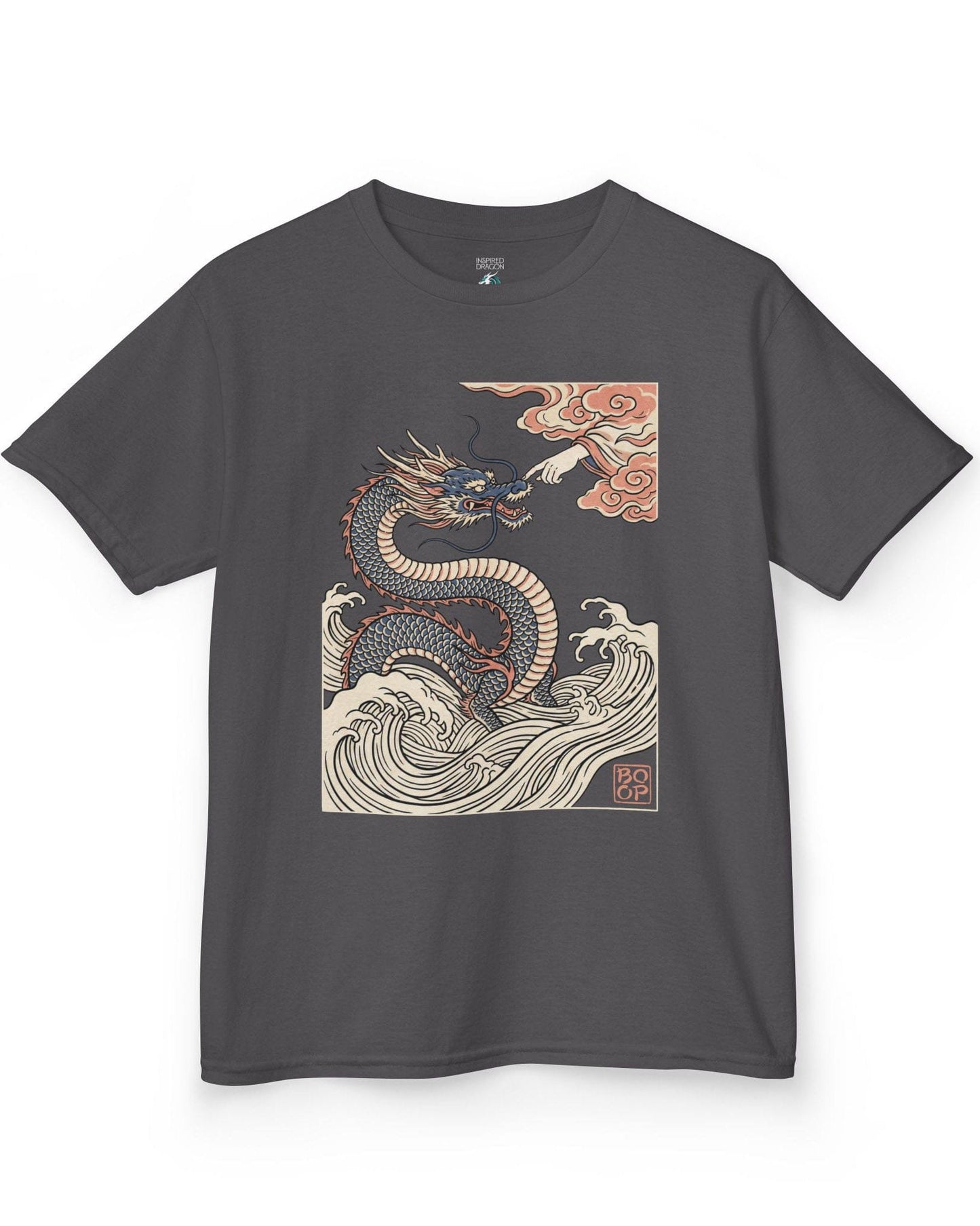 Ukiyo-e Boop shirt in charcoal featuring a dragon rising from waves as a hand reaches from the clouds to boop its nose