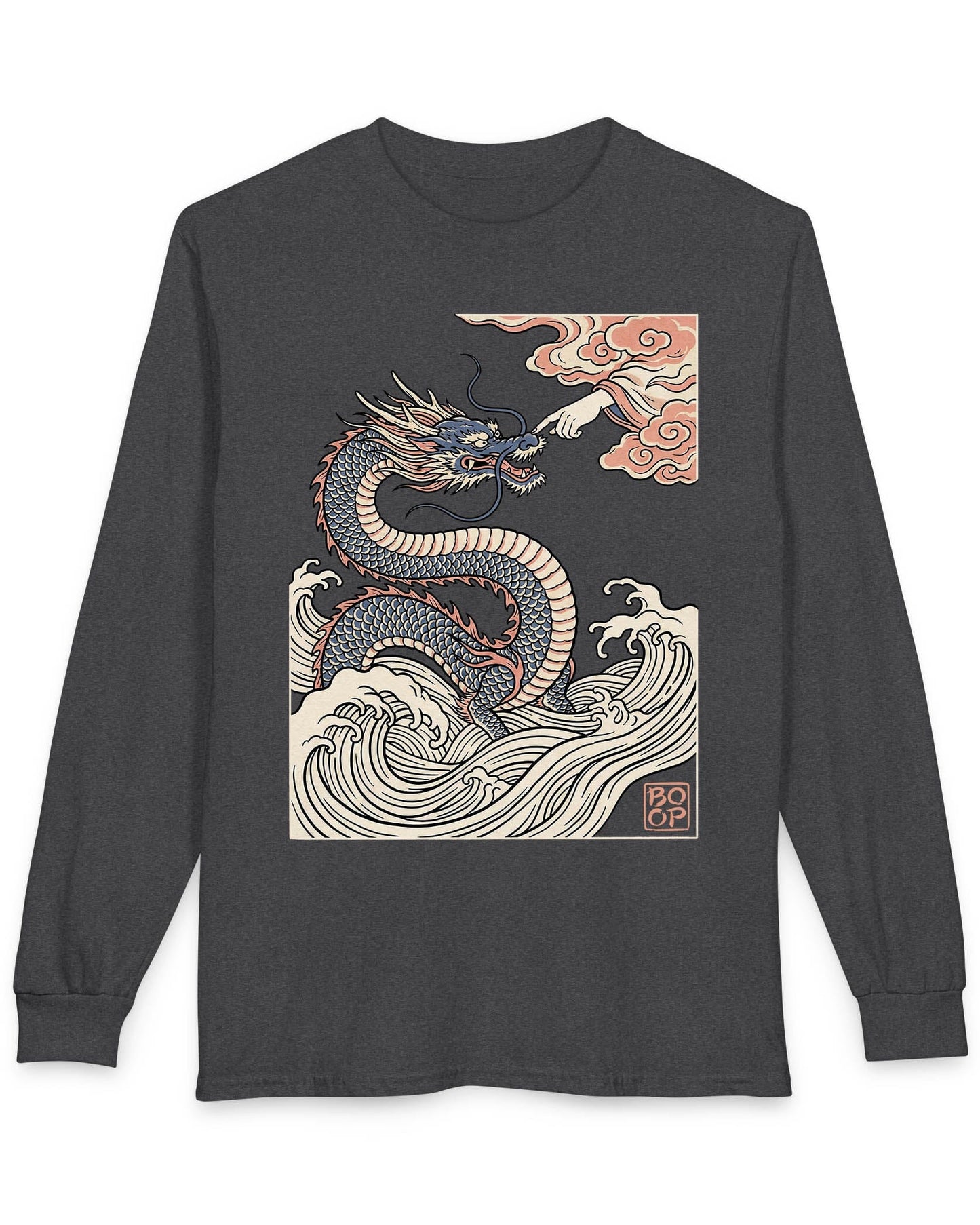 Ukiyo-e Boop shirt in dark heather featuring a dragon rising from waves as a hand reaches from the clouds to boop its nose