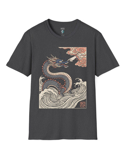 Ukiyo-e Boop shirt in dark heather featuring a dragon rising from waves as a hand reaches from the clouds to boop its nose