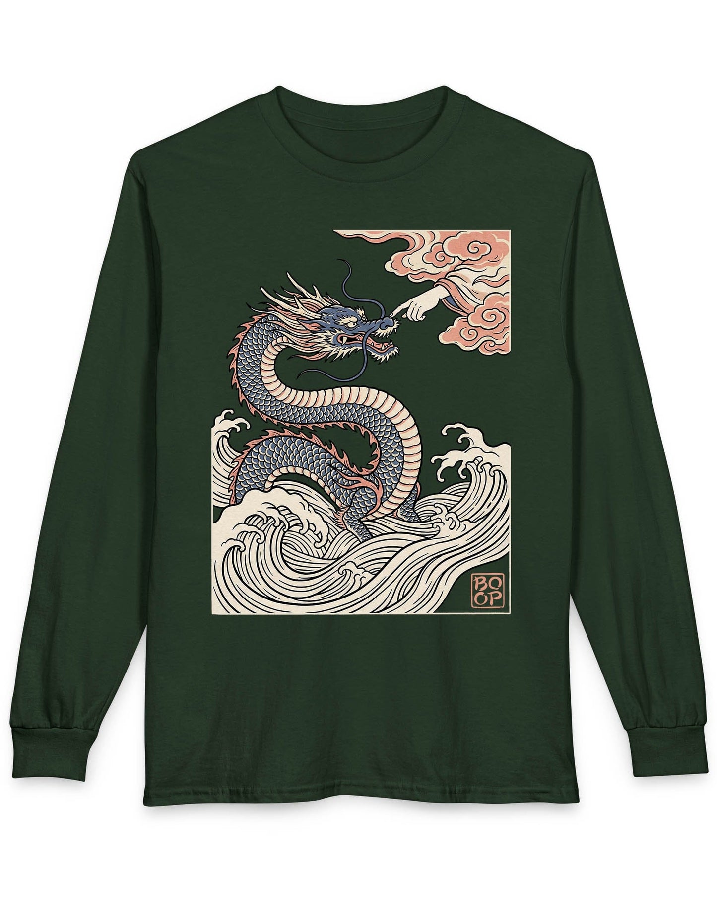 Ukiyo-e Boop shirt in forest green featuring a dragon rising from waves as a hand reaches from the clouds to boop its nose