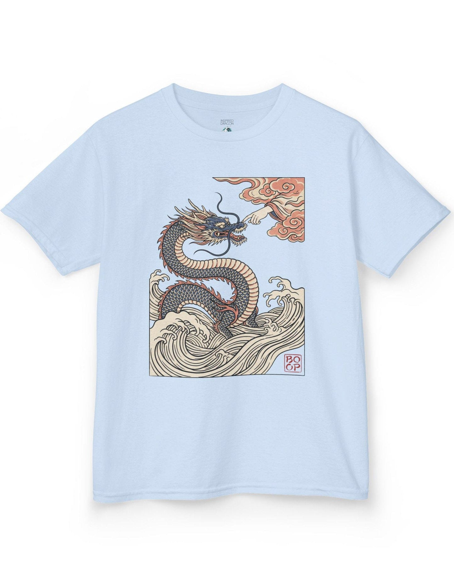 Ukiyo-e Boop shirt in light blue featuring a dragon rising from waves as a hand reaches from the clouds to boop its nose
