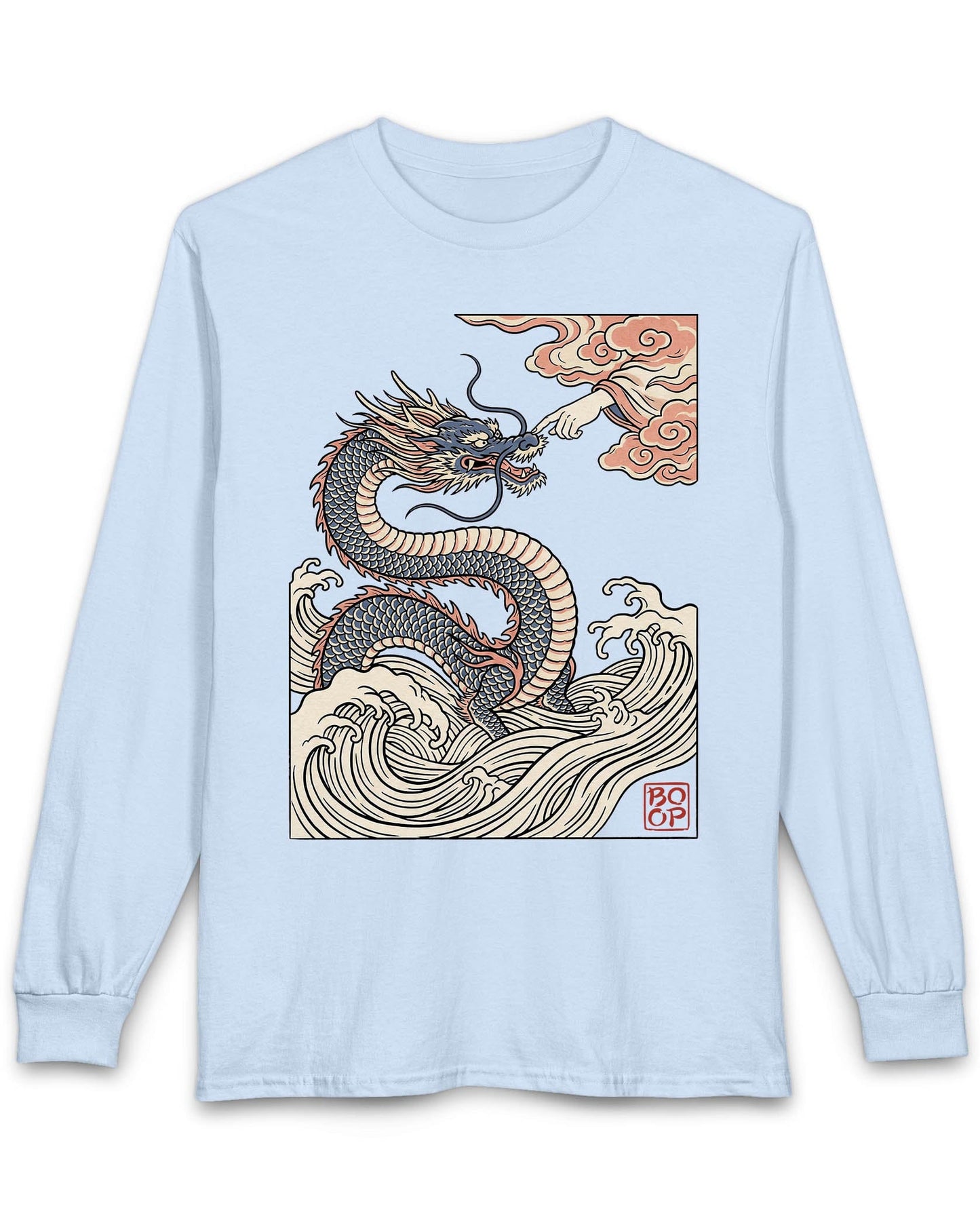 Ukiyo-e Boop shirt in light blue featuring a dragon rising from waves as a hand reaches from the clouds to boop its nose