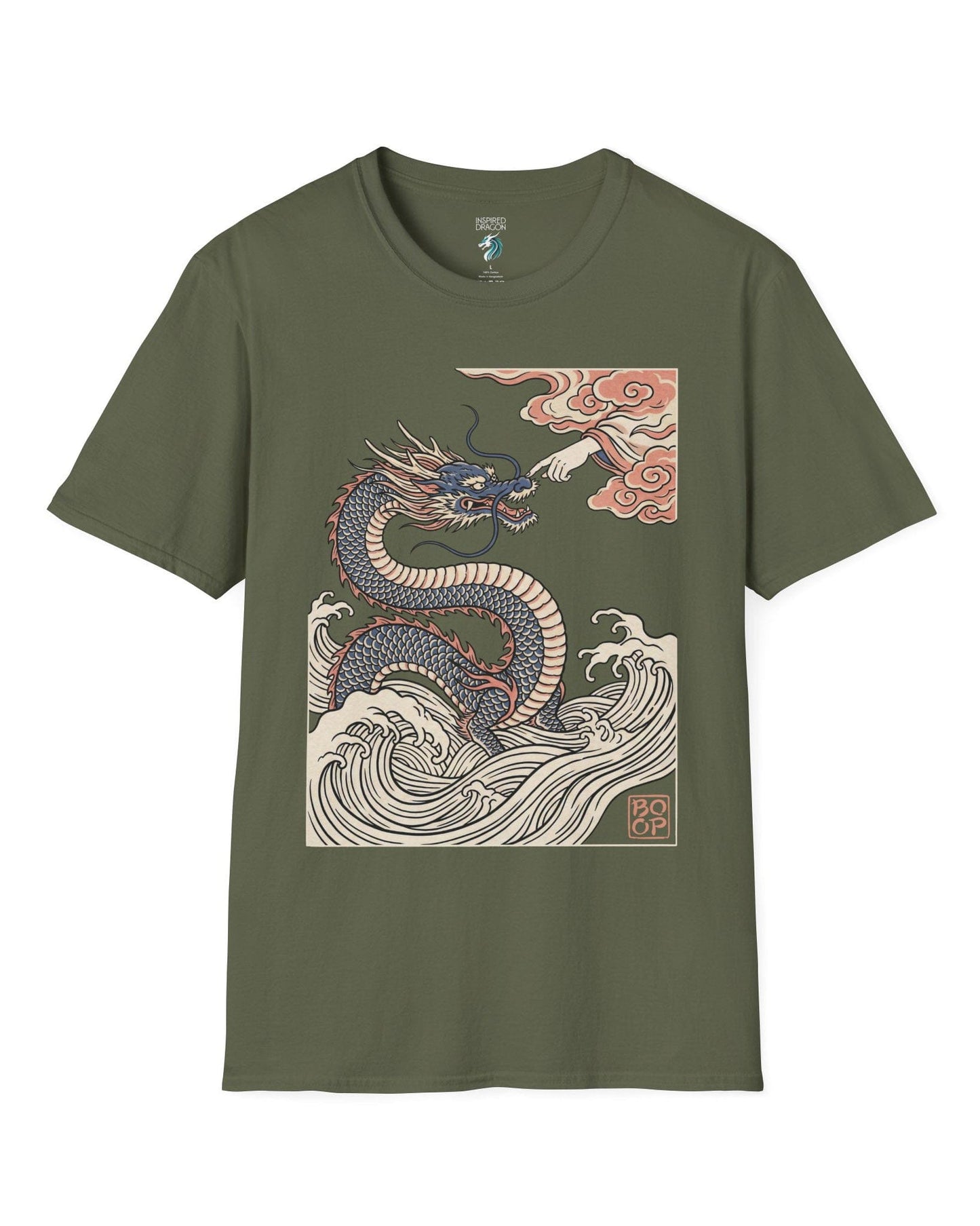 Ukiyo-e Boop shirt in military green featuring a dragon rising from waves as a hand reaches from the clouds to boop its nose