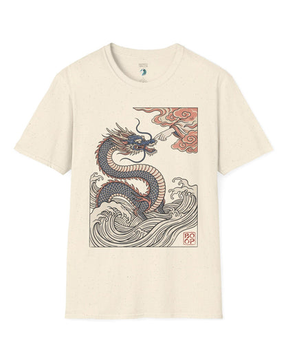 Ukiyo-e Boop shirt in natural featuring a dragon rising from waves as a hand reaches from the clouds to boop its nose