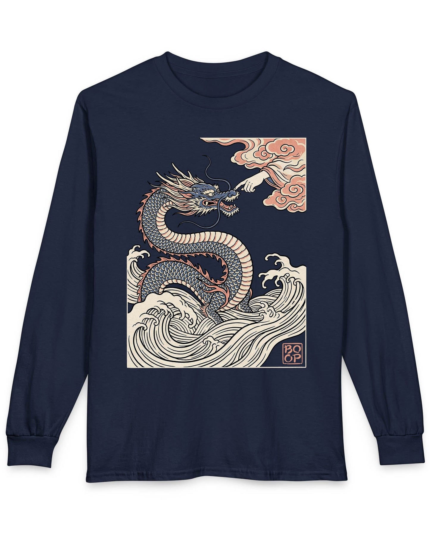 Ukiyo-e Boop shirt in navy featuring a dragon rising from waves as a hand reaches from the clouds to boop its nose