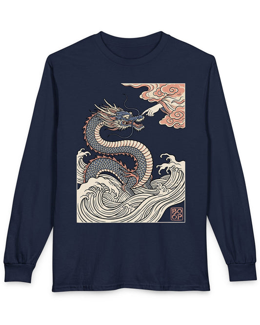Ukiyo-e Boop shirt in navy featuring a dragon rising from waves as a hand reaches from the clouds to boop its nose