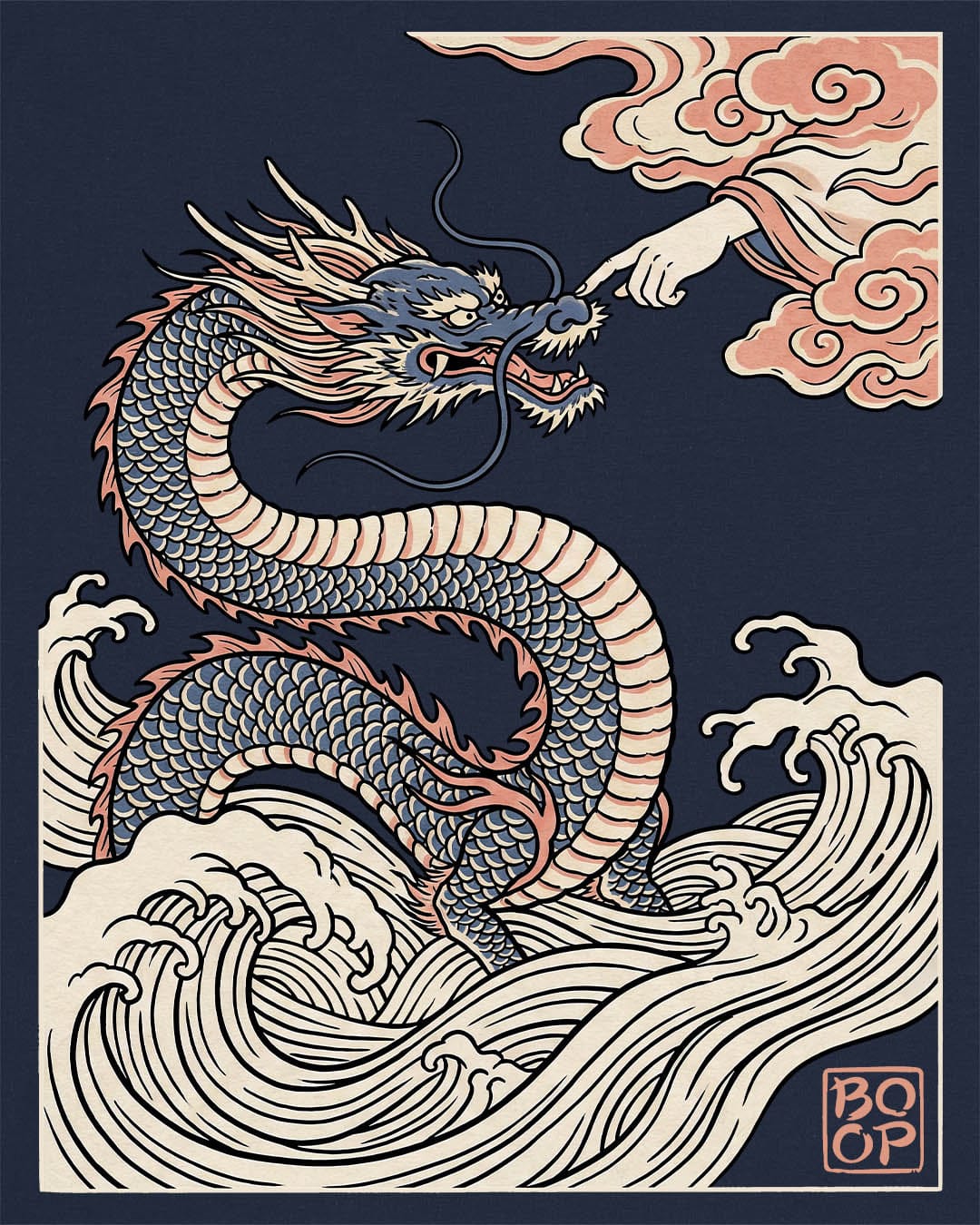 Ukiyo-e Boop shirt in navy featuring a dragon rising from waves as a hand reaches from the clouds to boop its nose