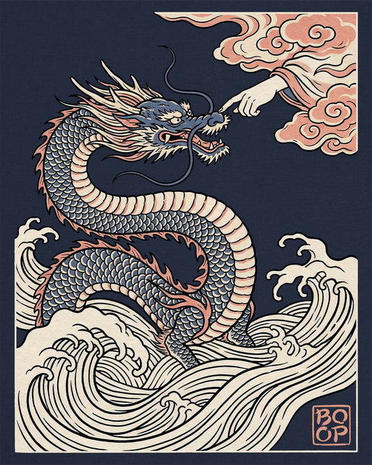 Ukiyo-e Boop shirt in navy featuring a dragon rising from waves as a hand reaches from the clouds to boop its nose
