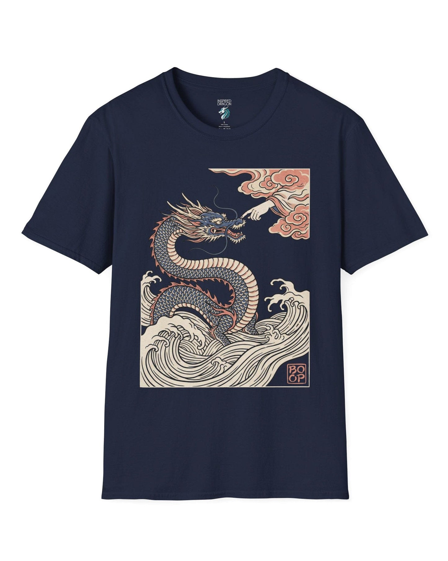 Ukiyo-e Boop shirt in navy featuring a dragon rising from waves as a hand reaches from the clouds to boop its nose